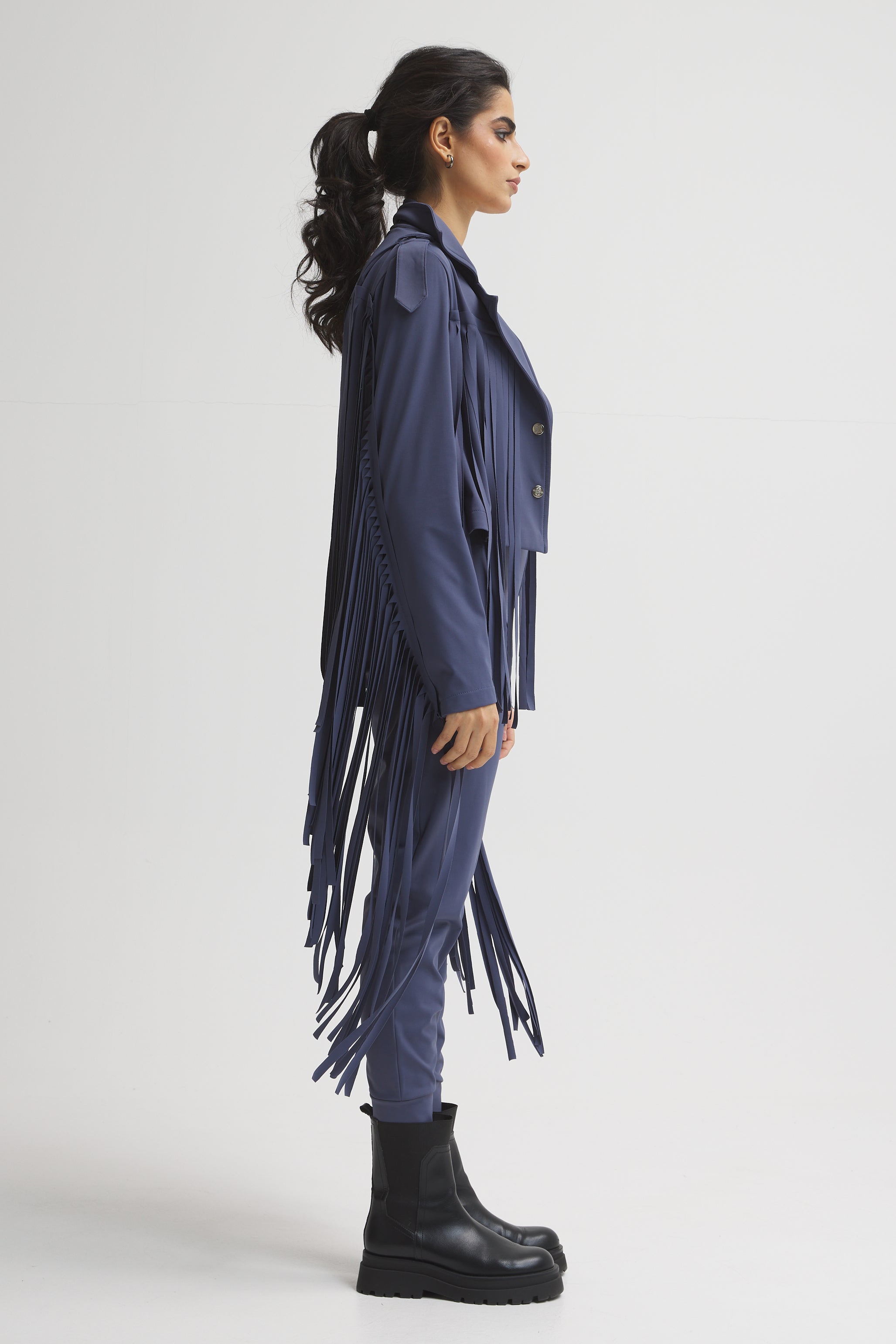 Cropped Moto Fringes Navy Jacket