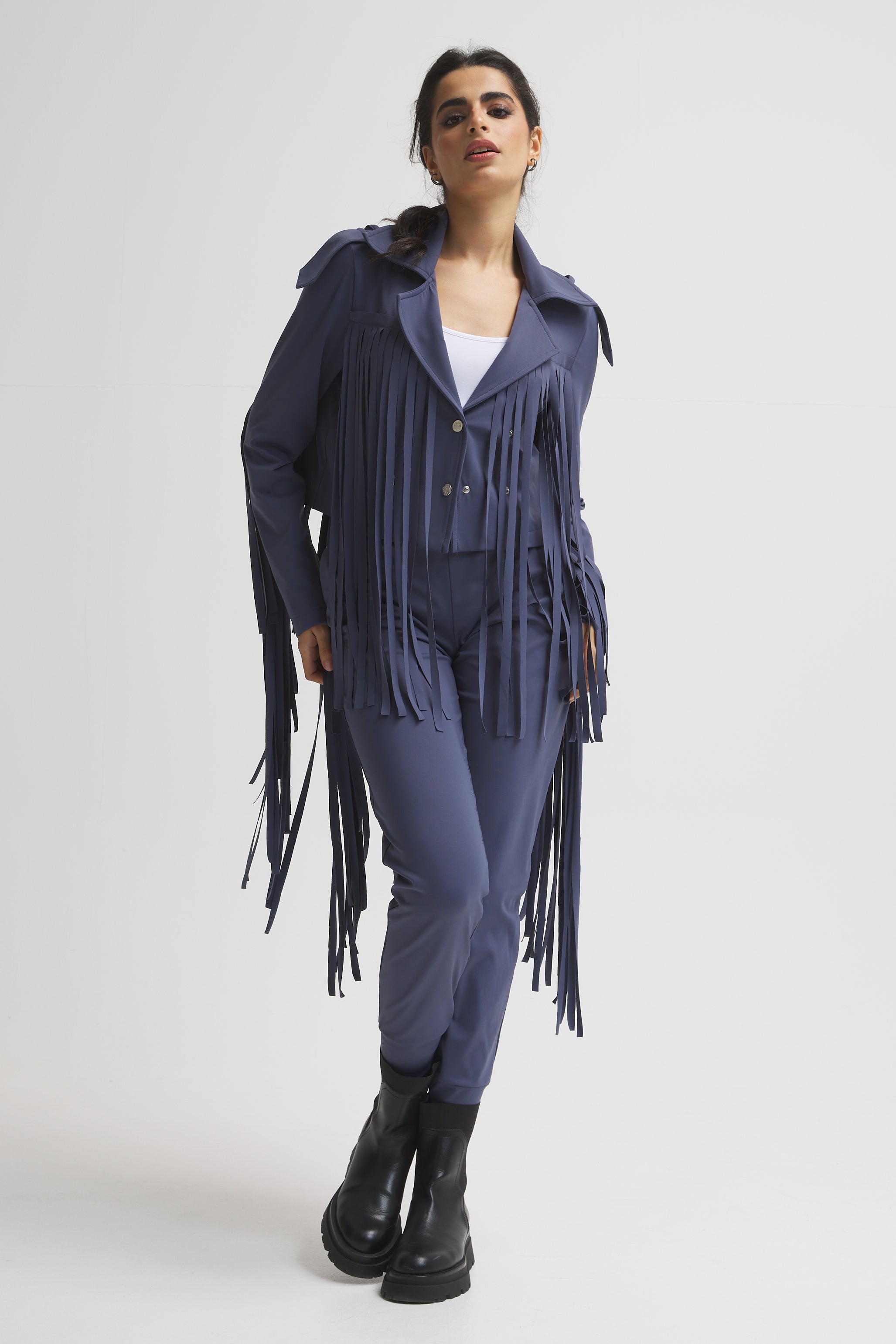 Cropped Moto Fringes Navy Jacket