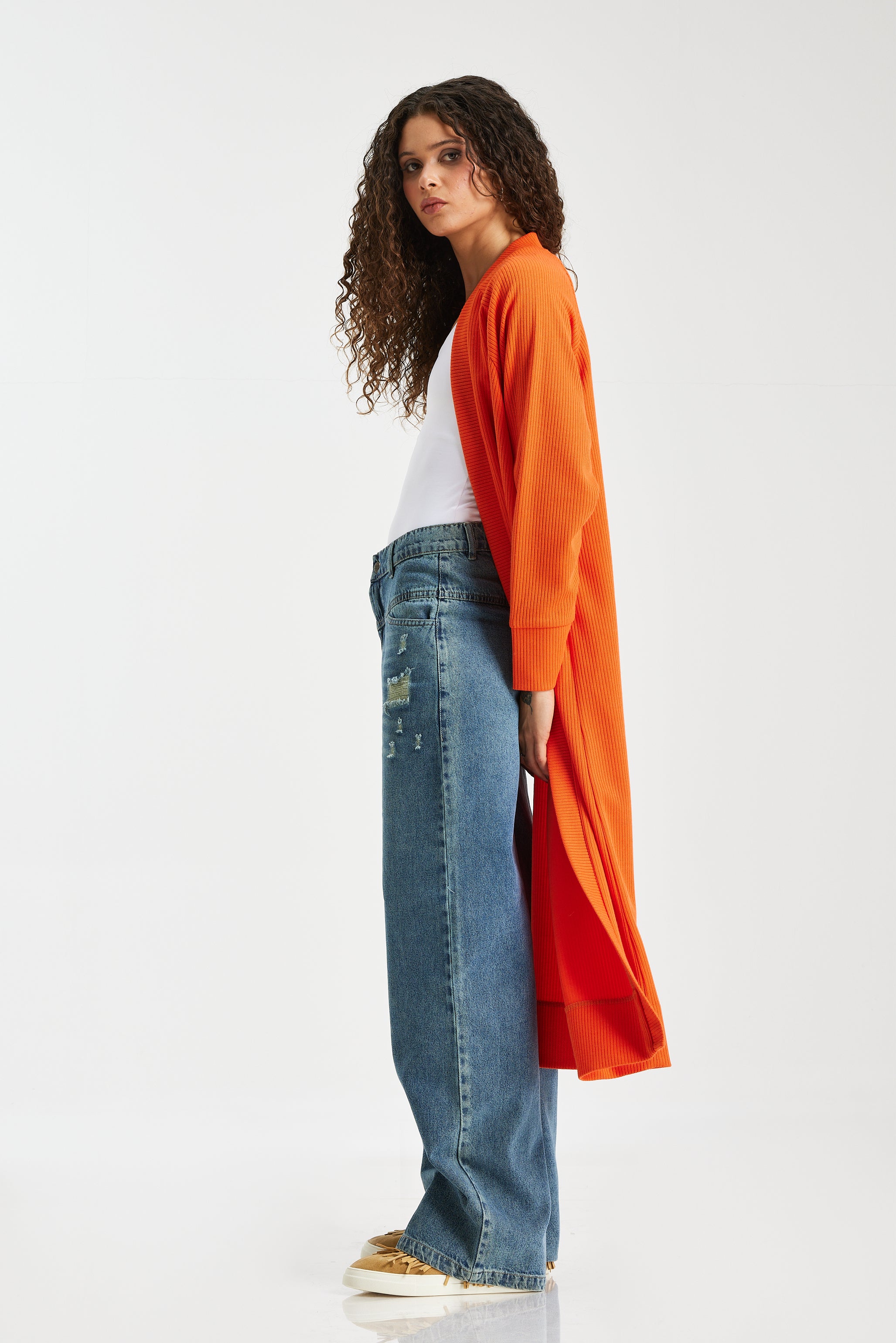 Ribbed Midi Cardigan In Orange
