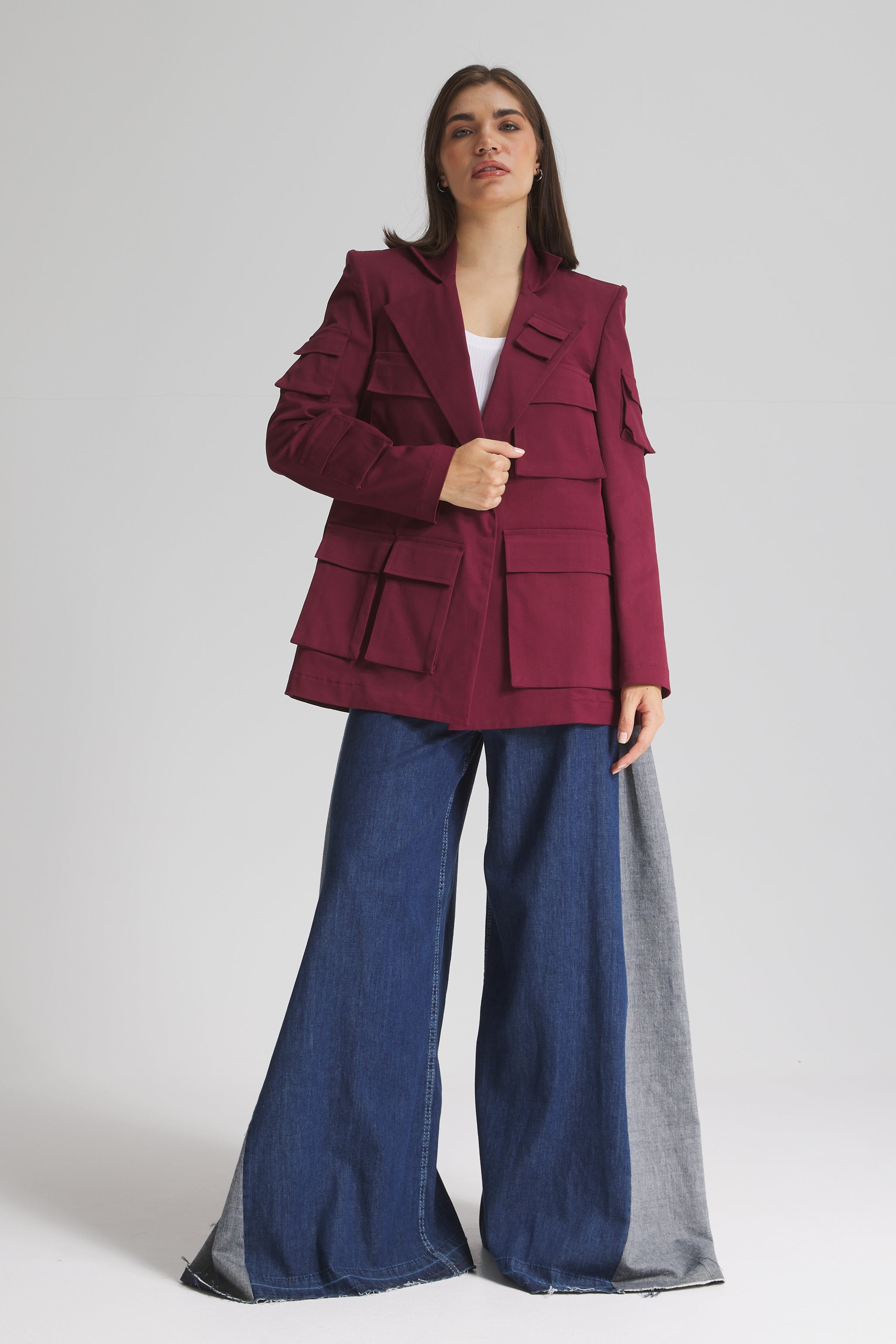 Multi Pockets Blazer In Burgundy