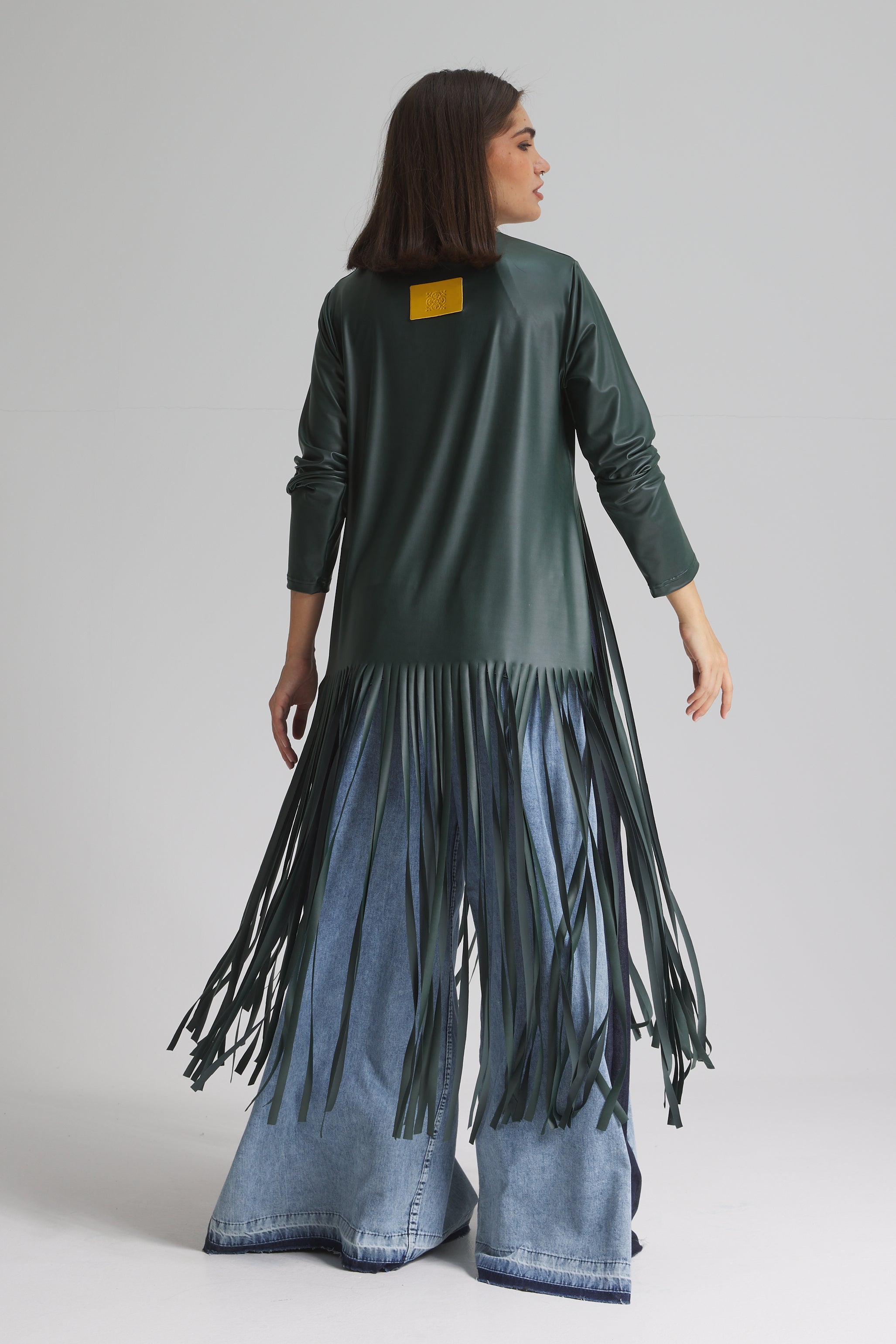 Asymmetrical Fringes Leather Look Top In Green