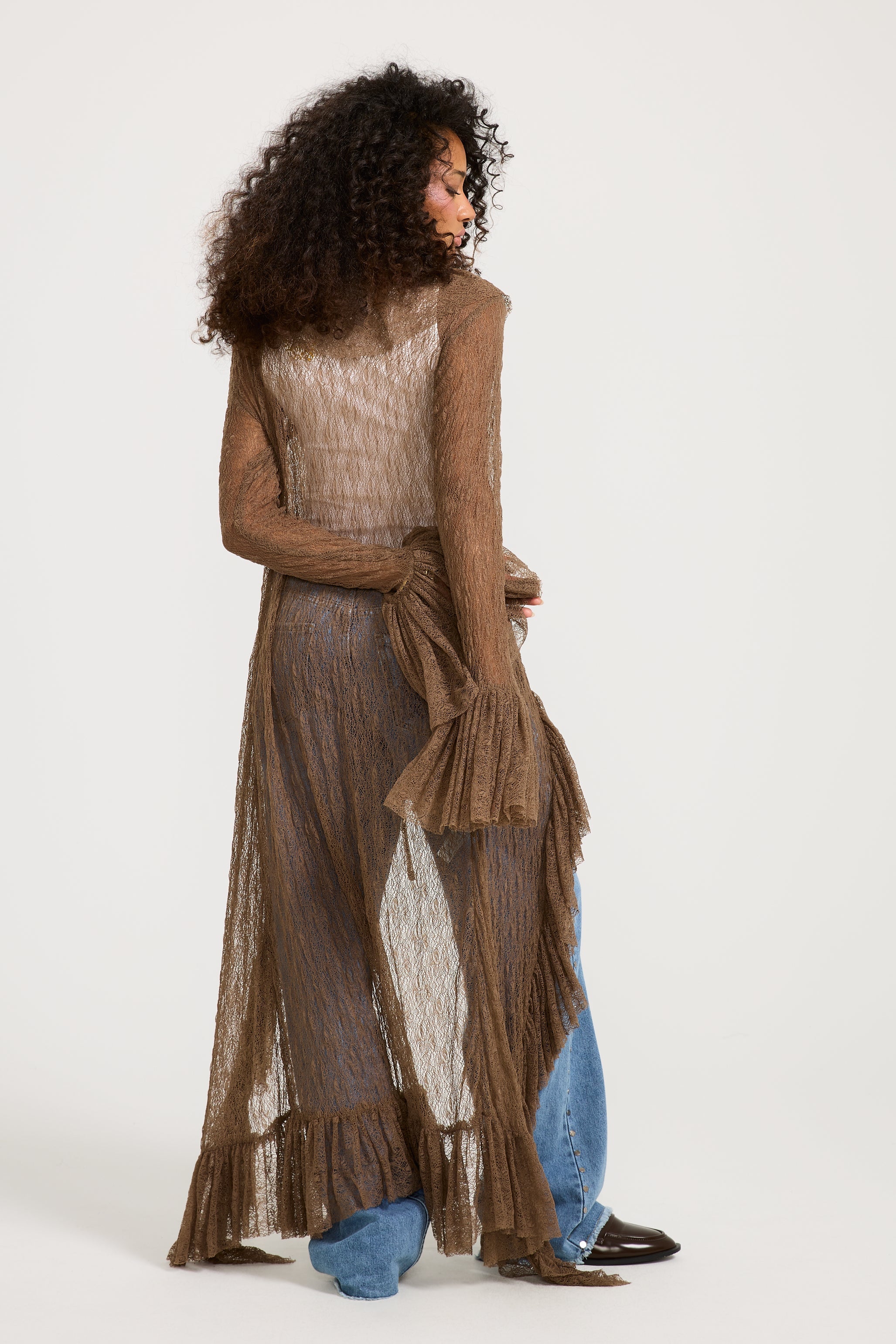 Ruffles Maxi Cardigan In Brown