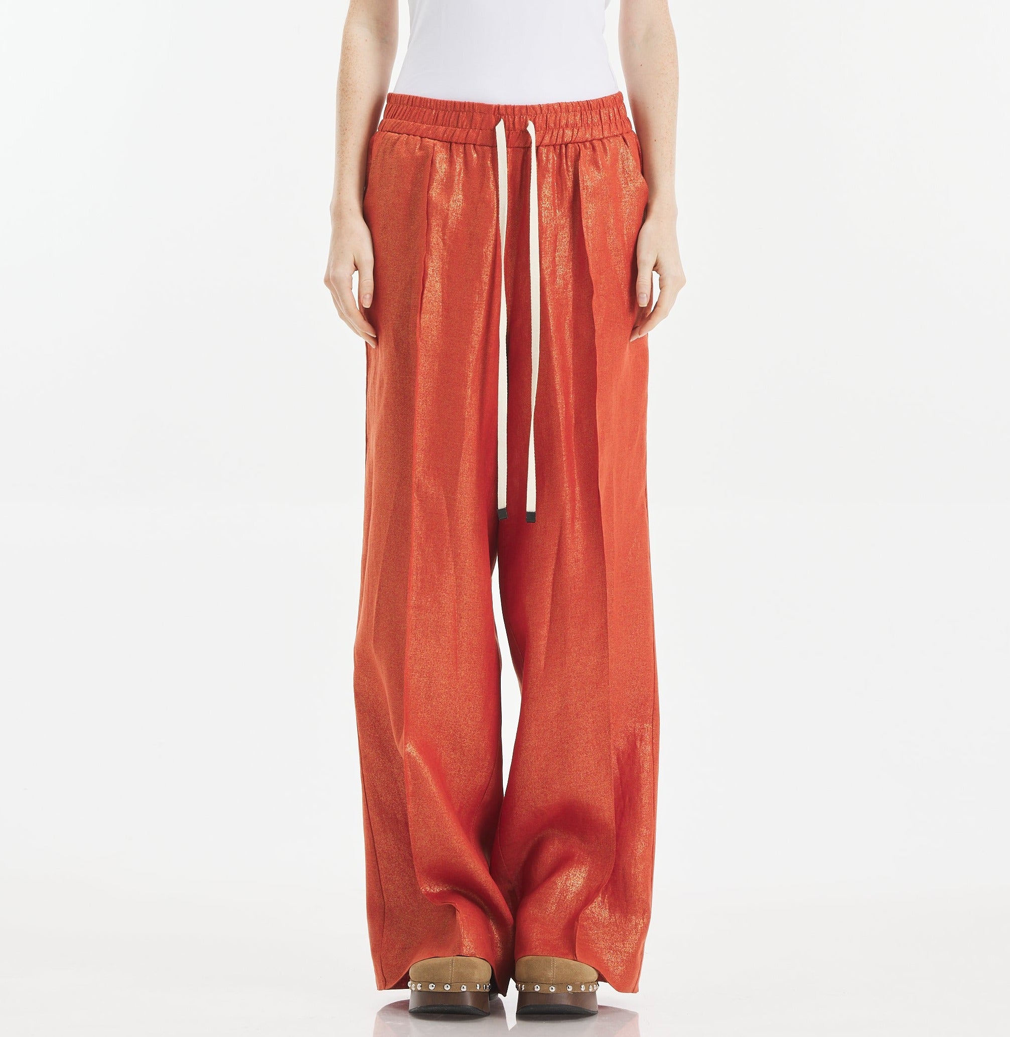 Shiny Orange Linen Wide Leg Pants