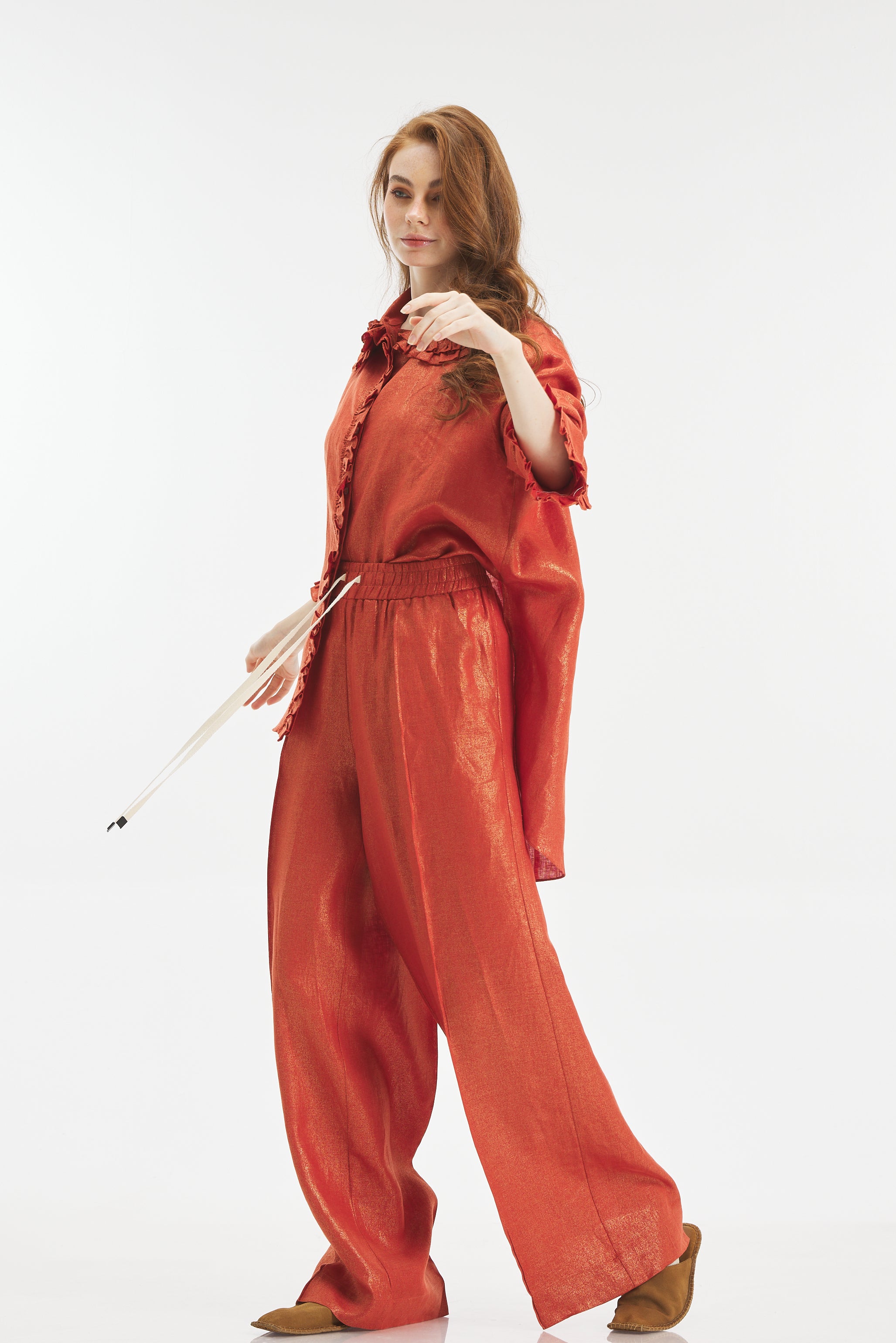 Shiny Orange Linen Wide Leg Pants