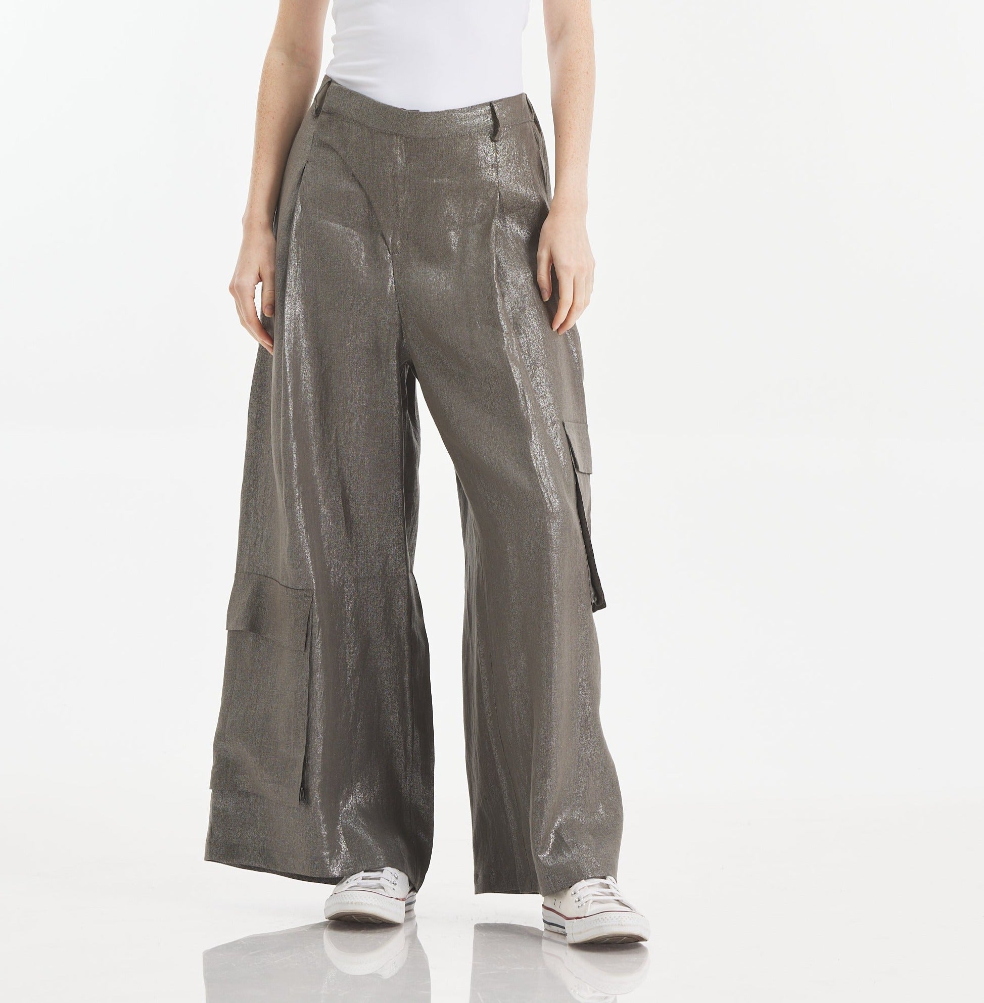 Shiny Grey Linen Cropped Cargo Pants