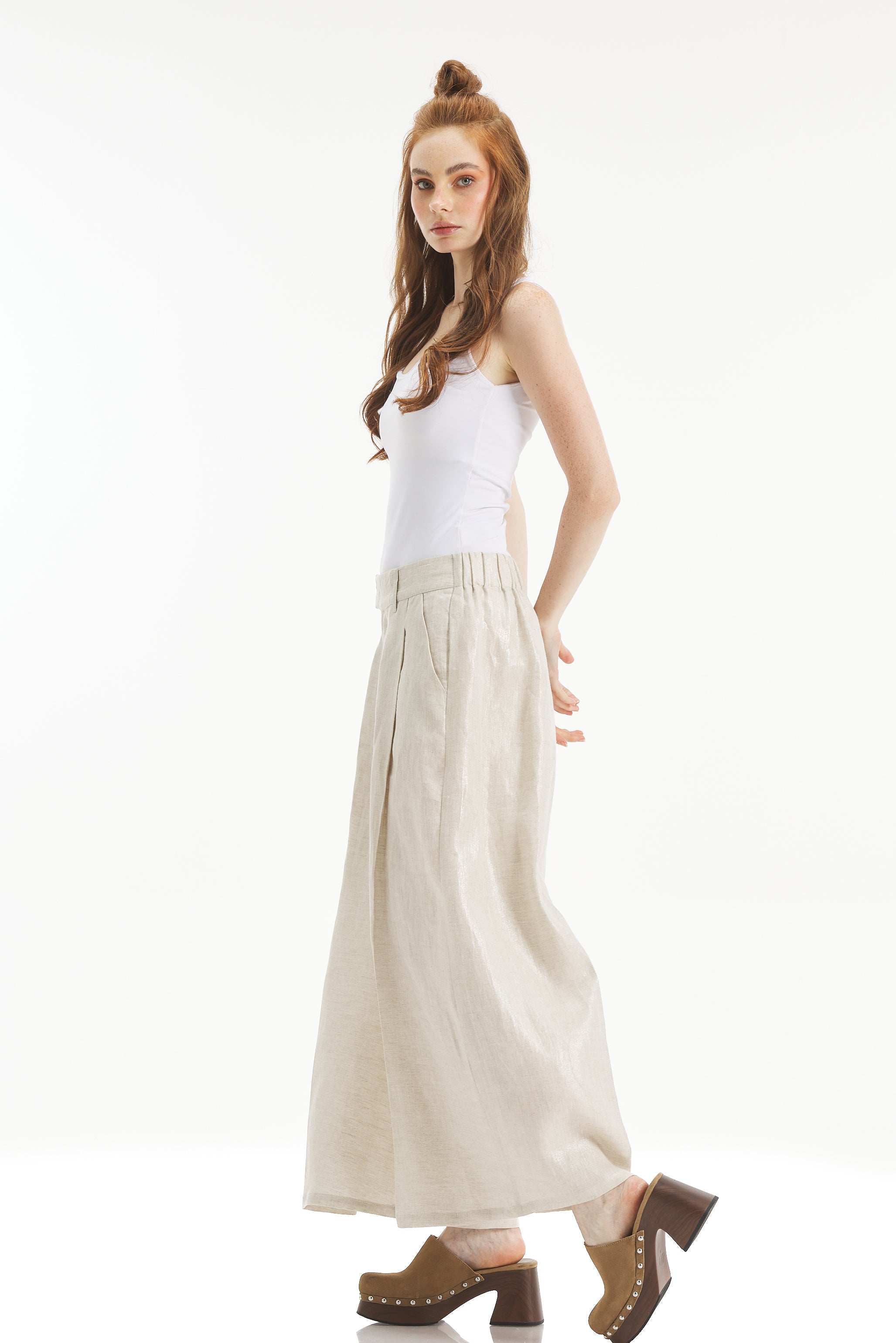 Shiny Beige Linen Croped Wide leg Pants