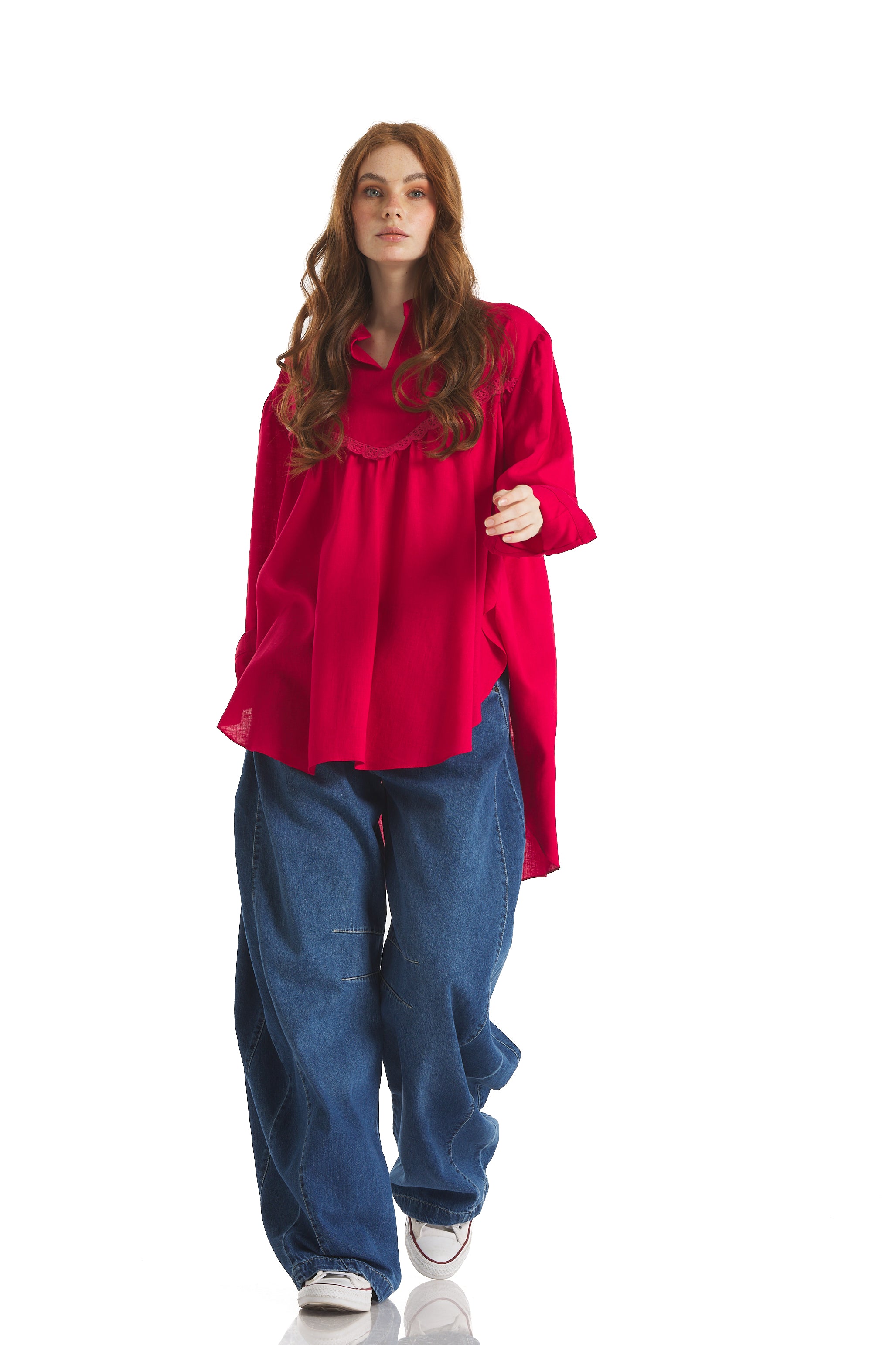 Linen V Chest Top In Red