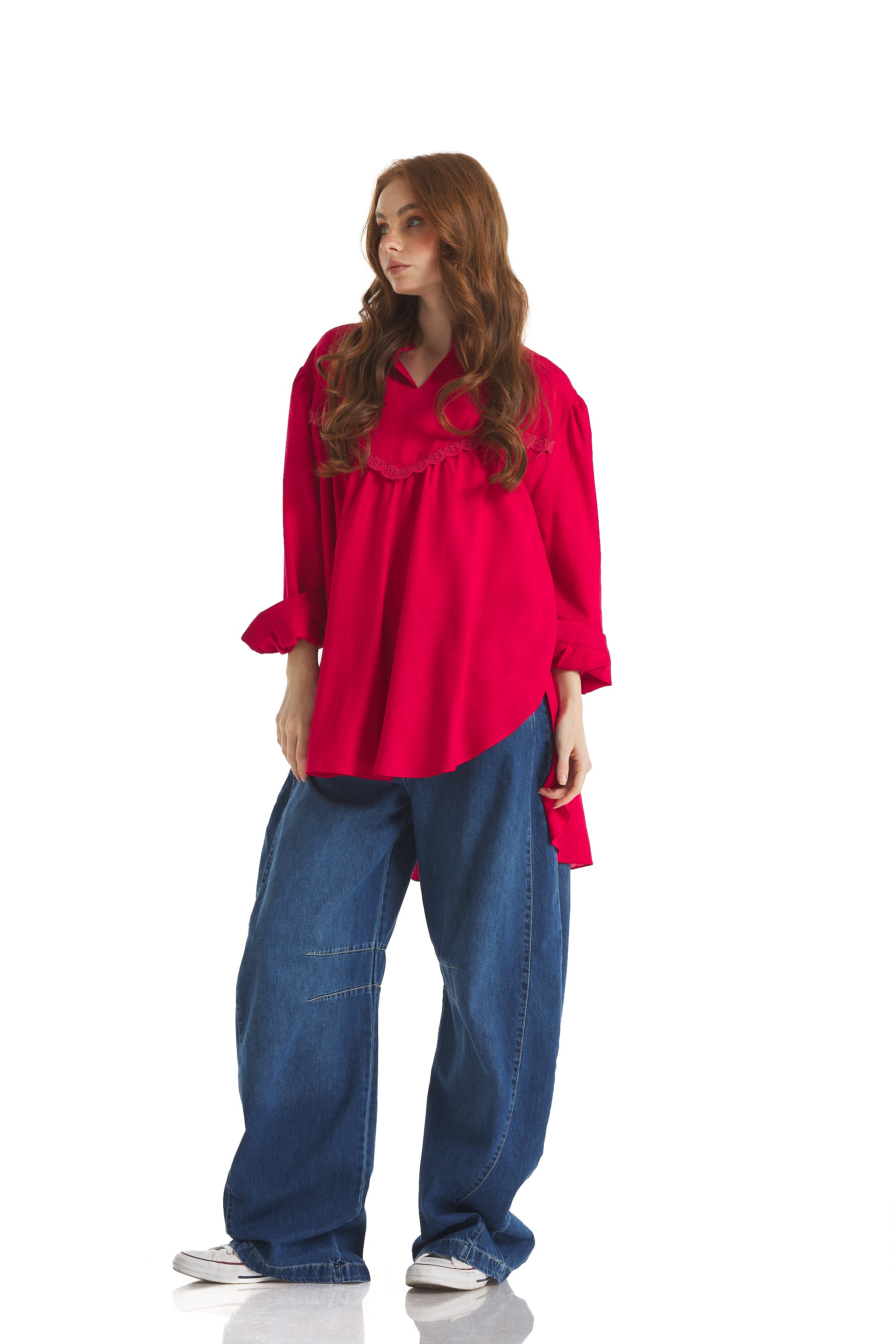 Linen V Chest Top In Red