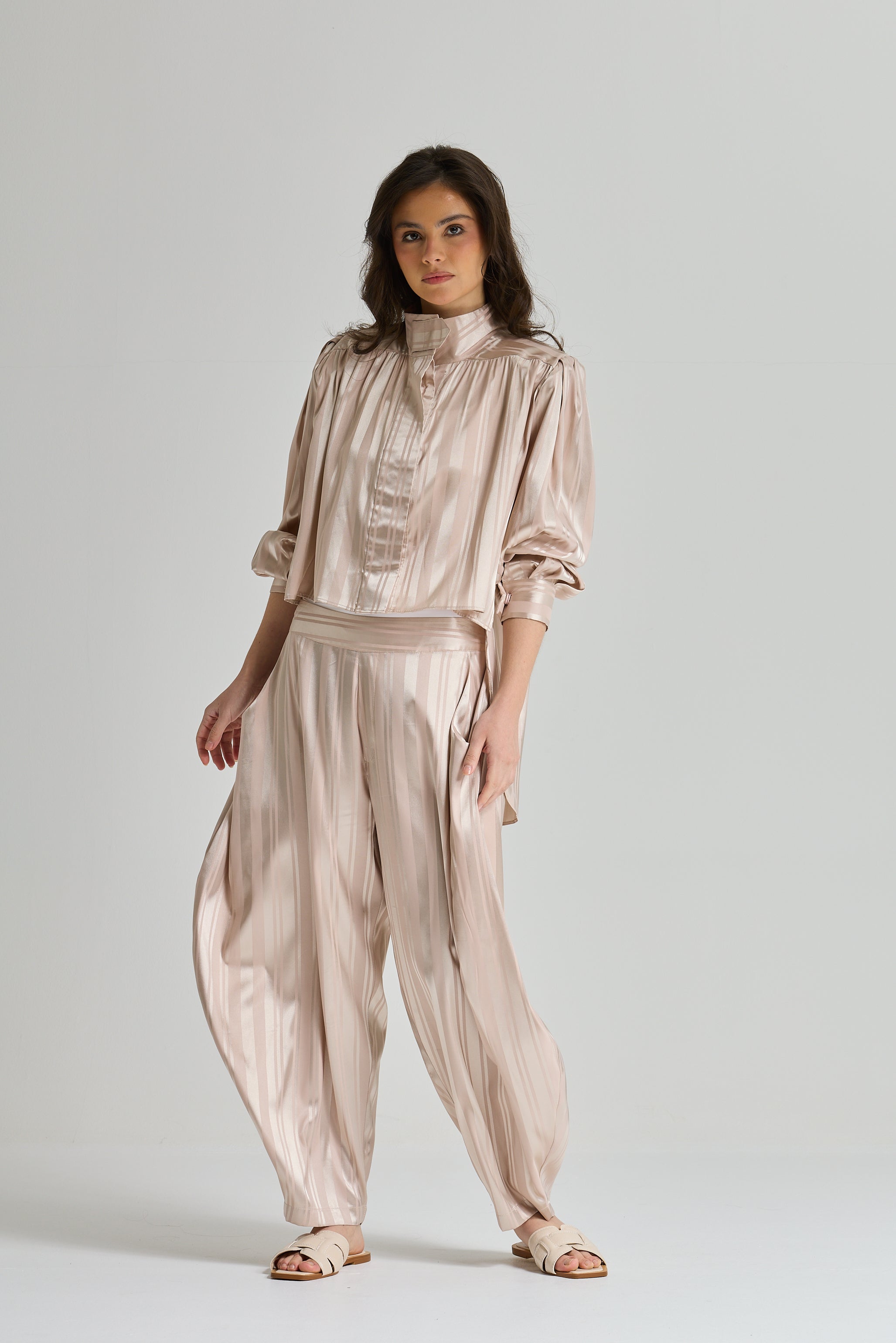 Striped Satin Set In Nude