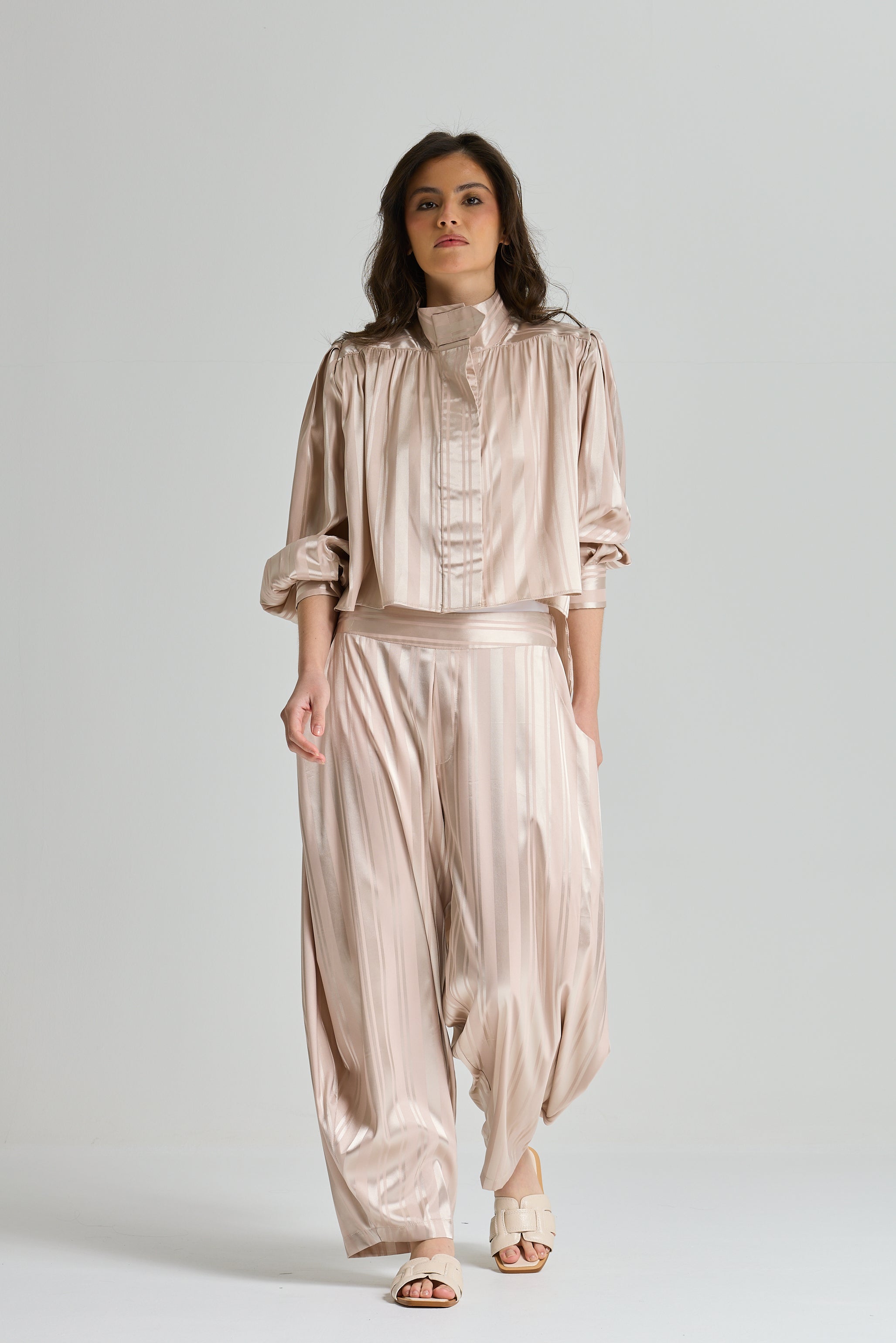 Striped Satin Set In Nude
