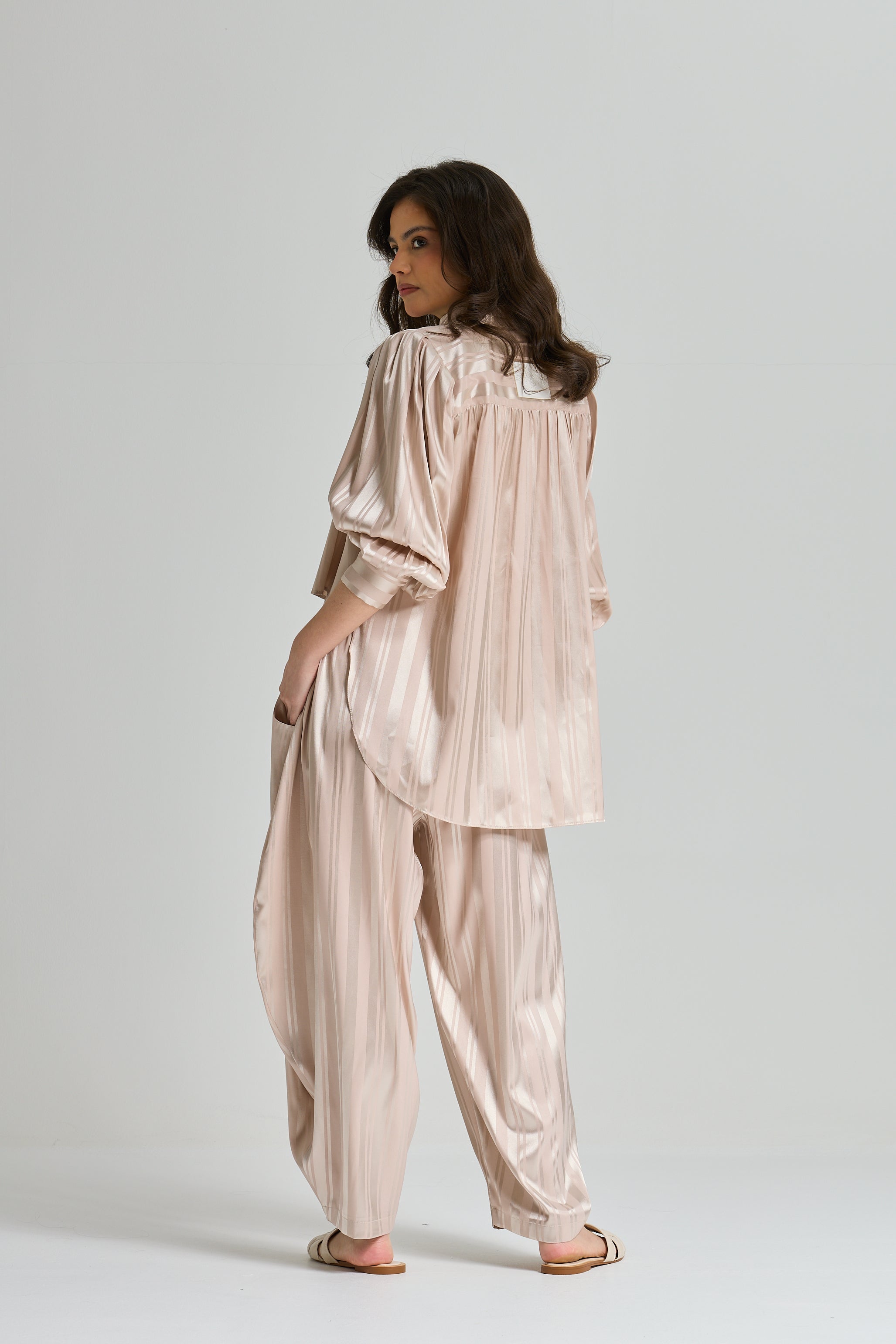 Striped Satin Set In Nude