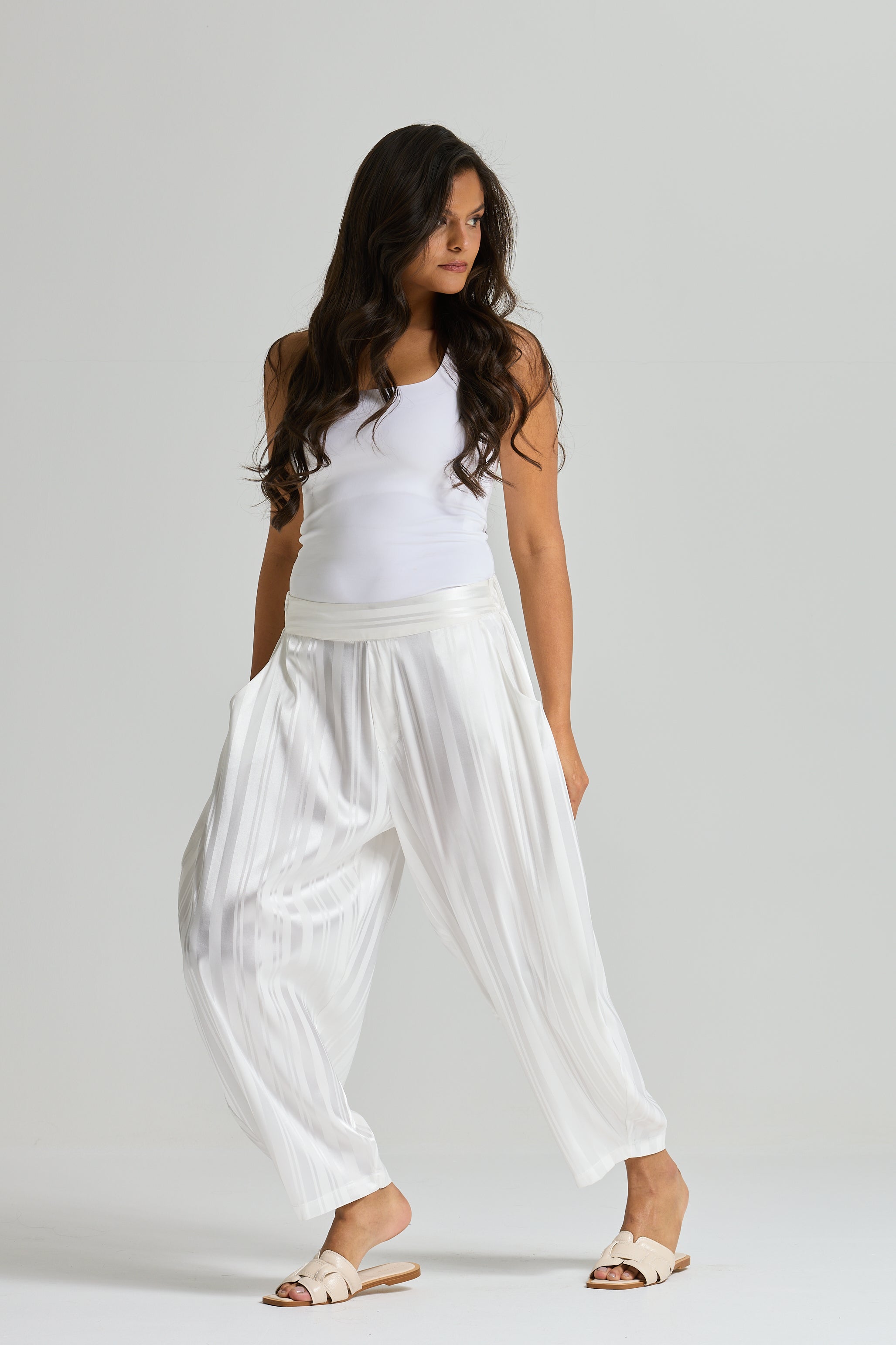 Striped Satin Set In White