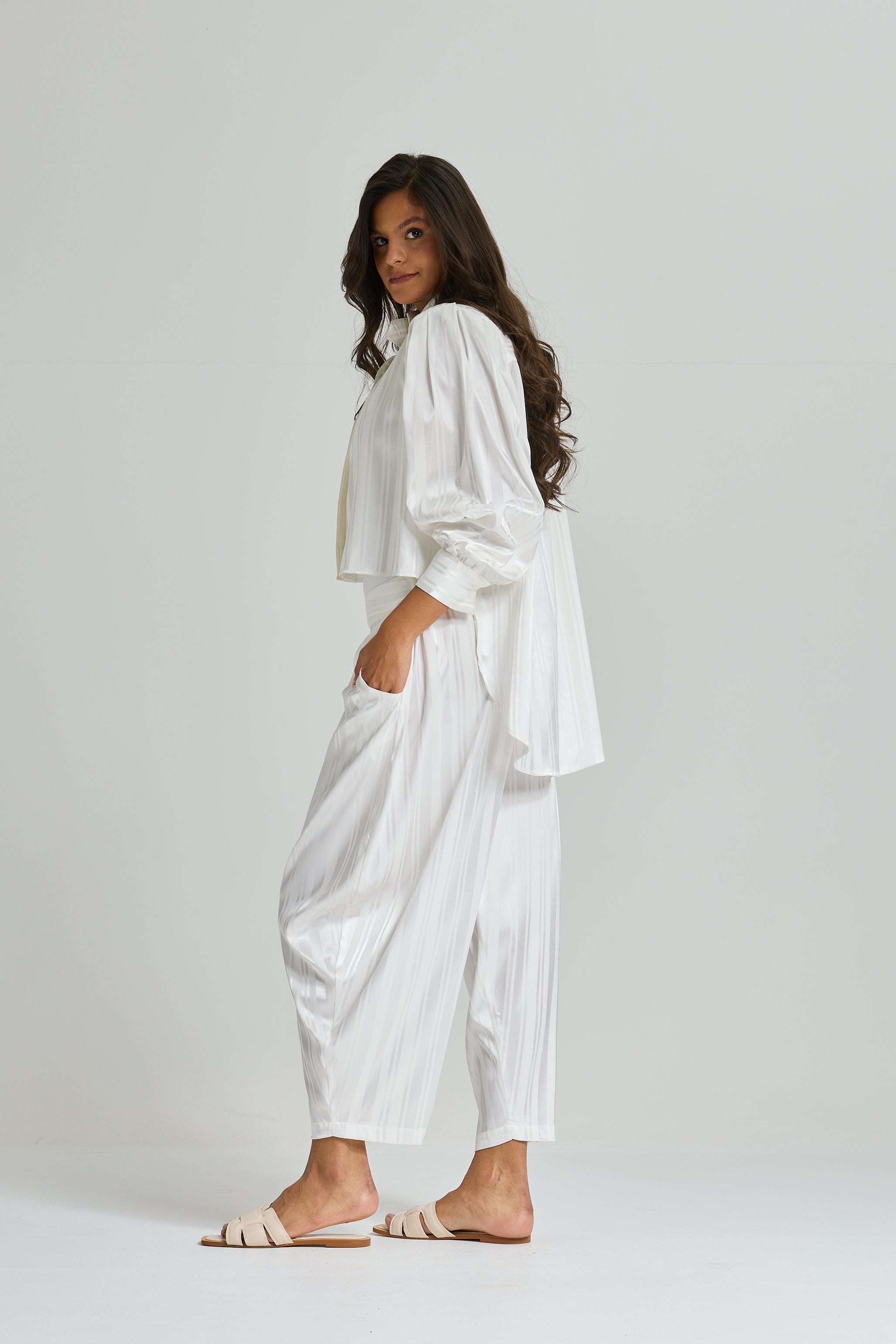 Striped Satin Set In White