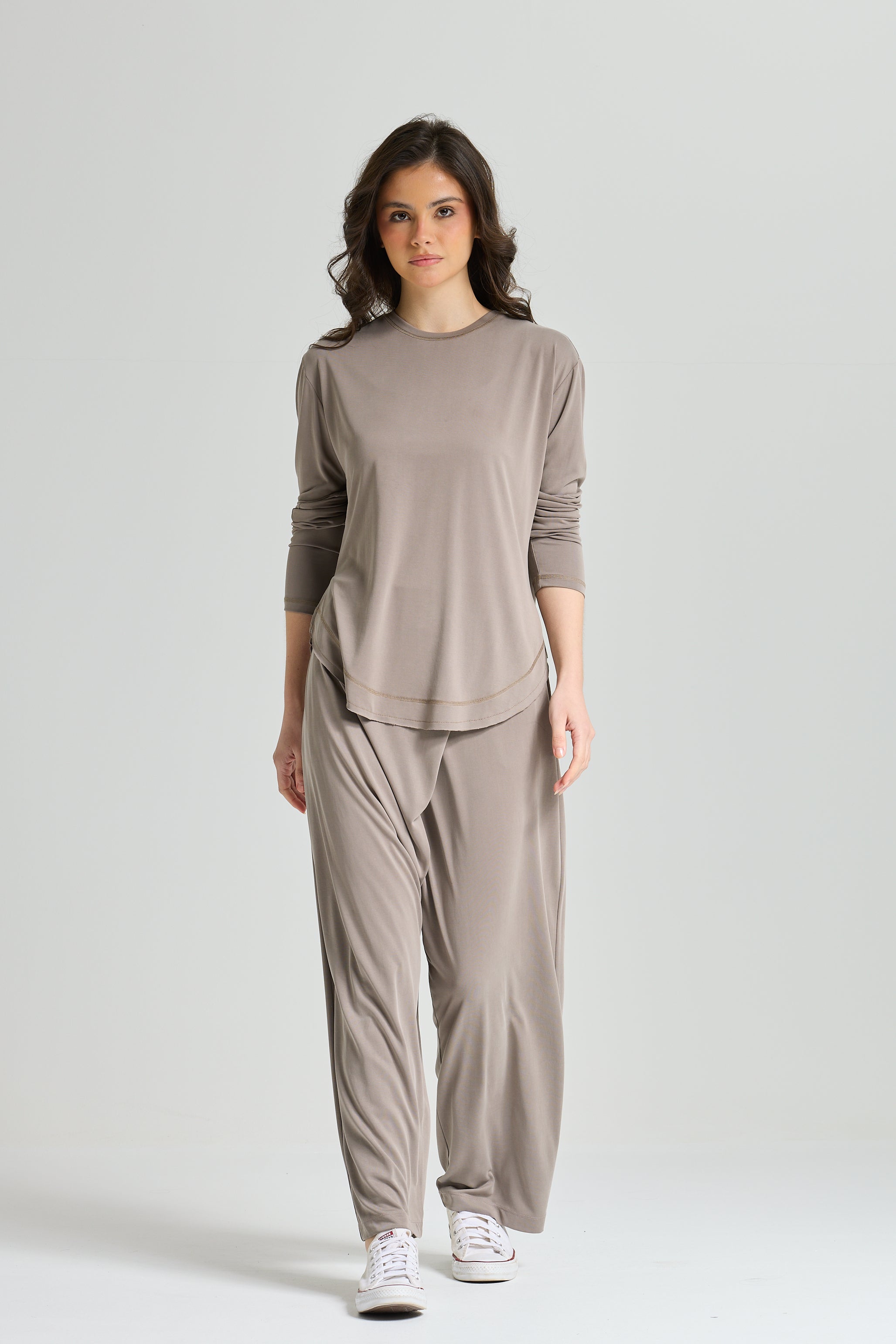 Basic Rounded Hem Lycra Top In grey