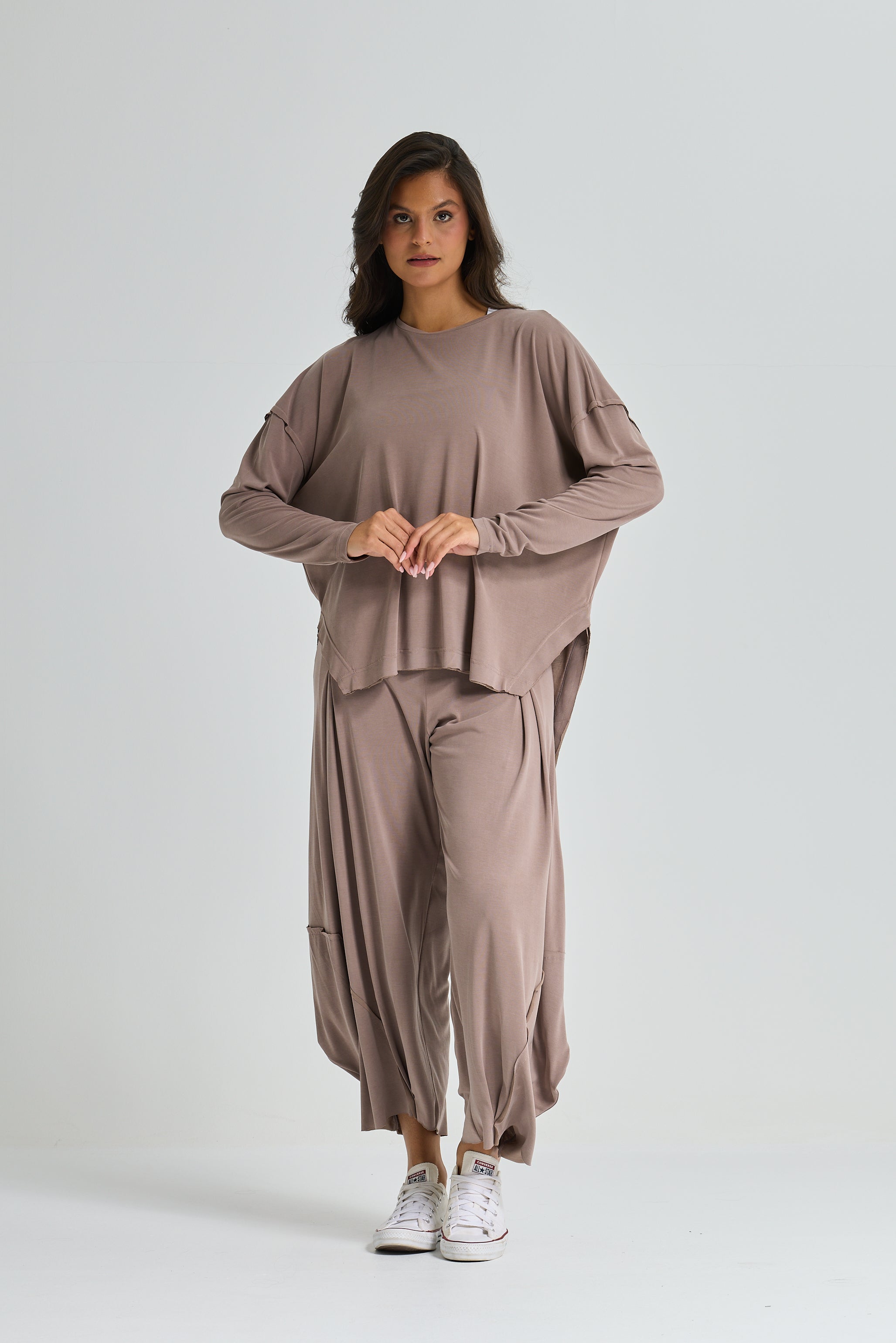 Oversize High Low Lycra Top In Coffee