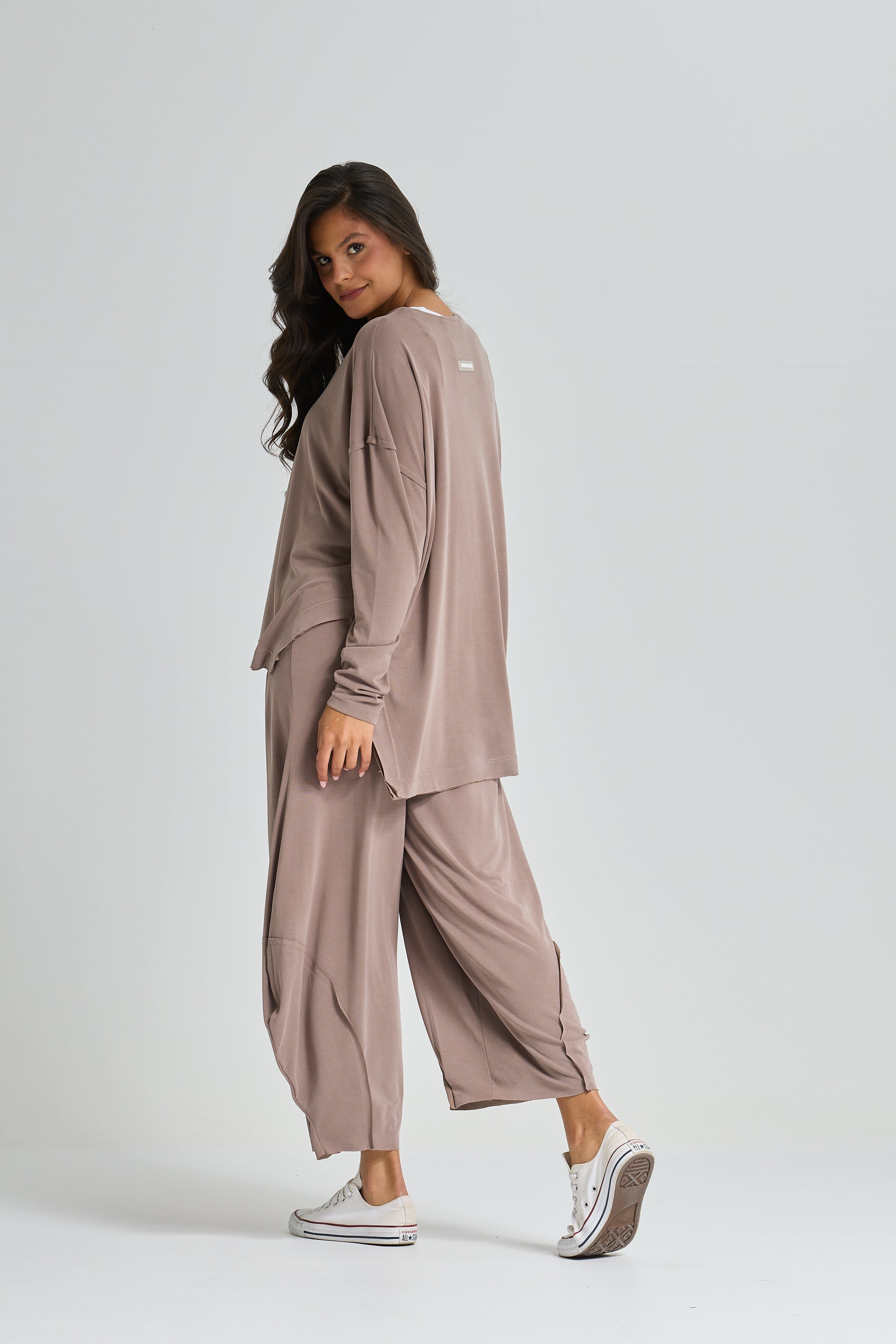 Oversize High Low Lycra Top In Coffee