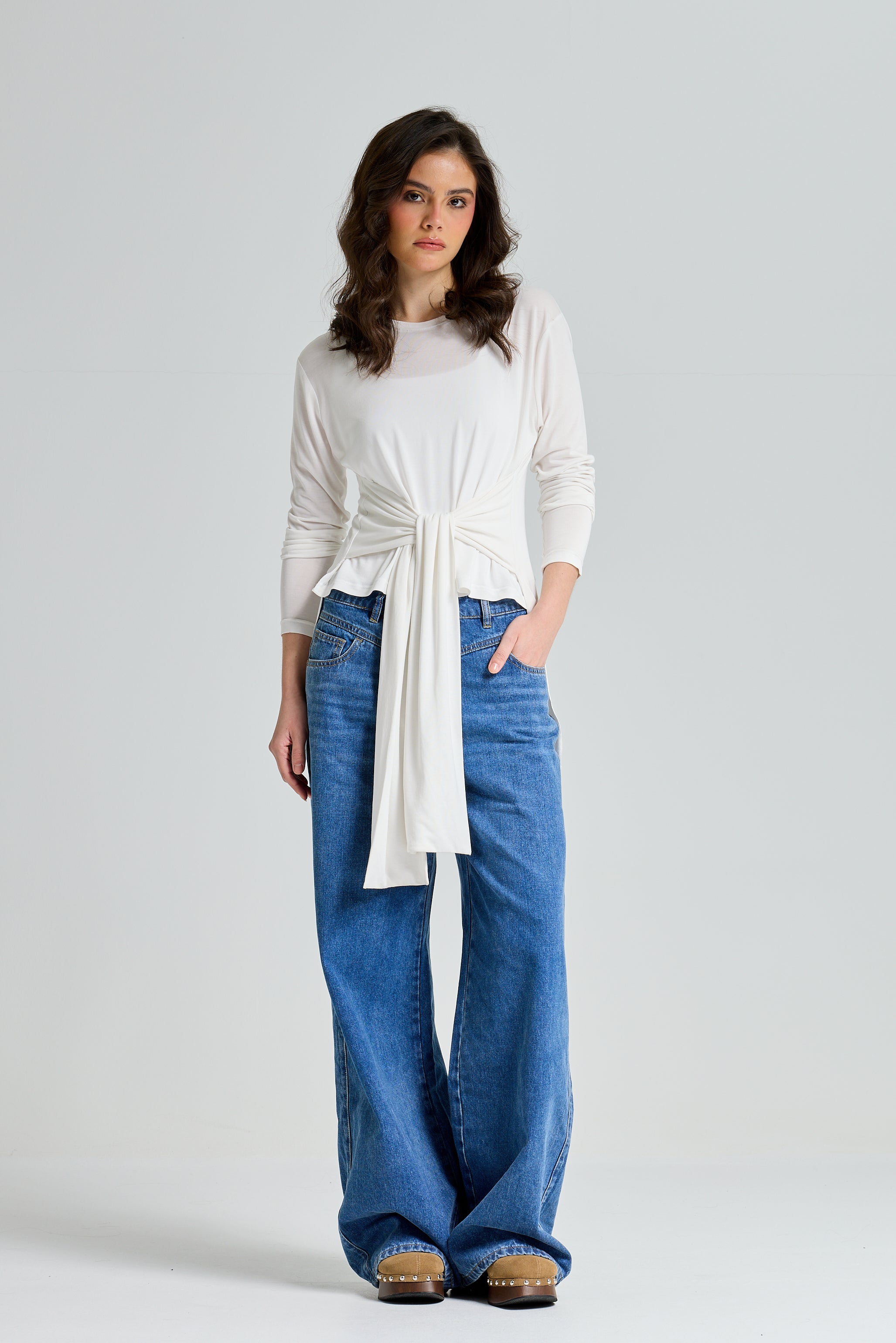Belted High Low Top In White
