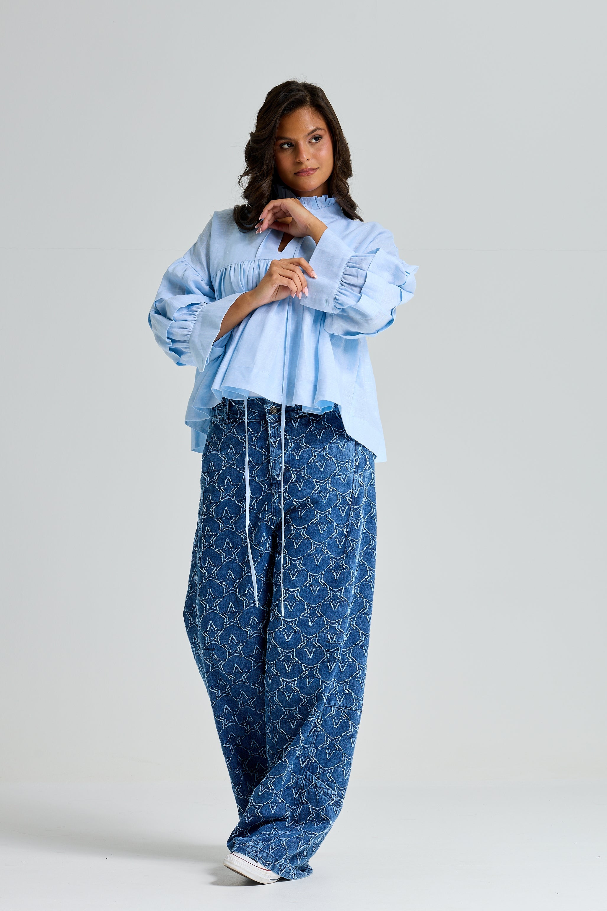 Linen Balloon Sleeves Top In Sky Blue