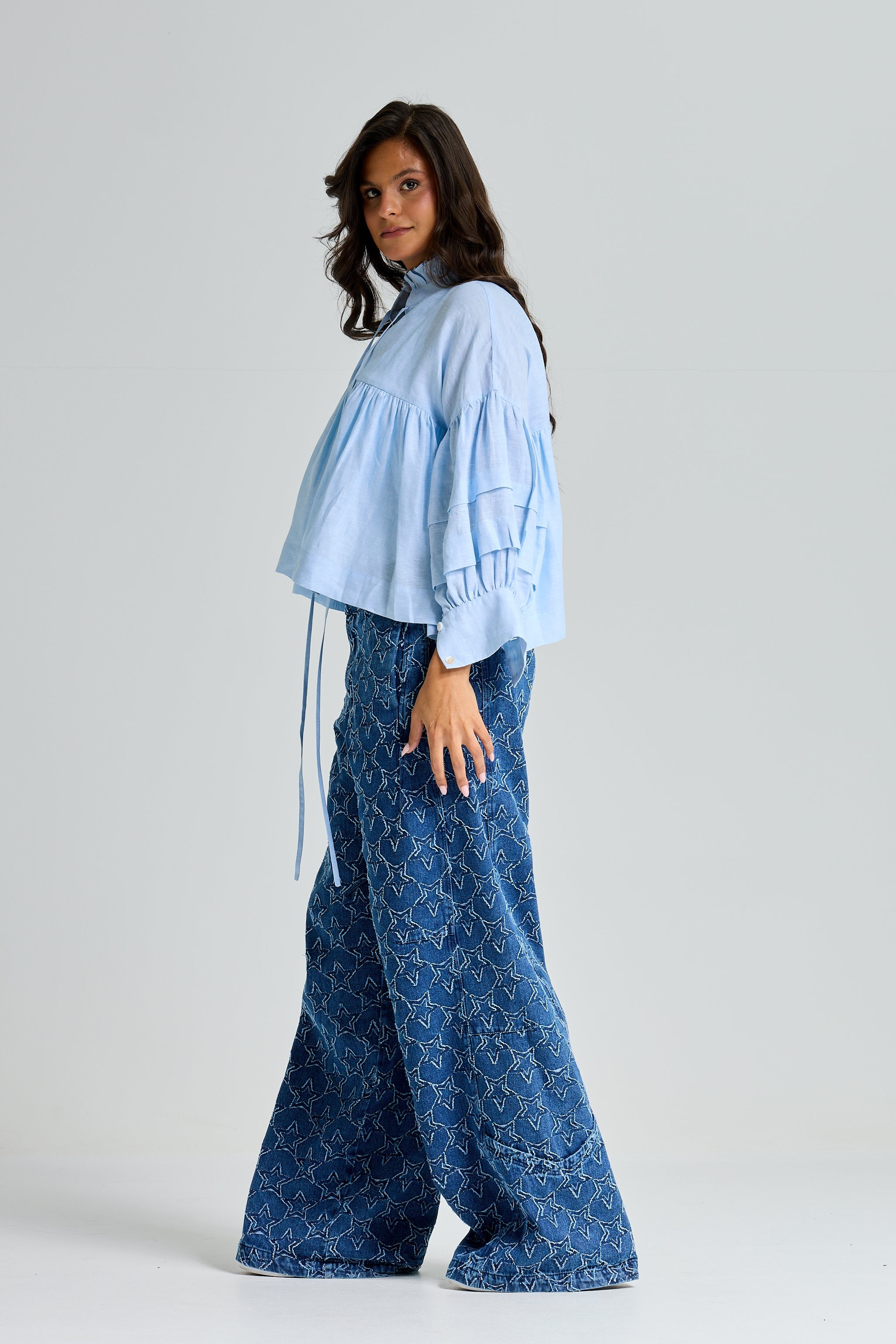 Linen Balloon Sleeves Top In Sky Blue