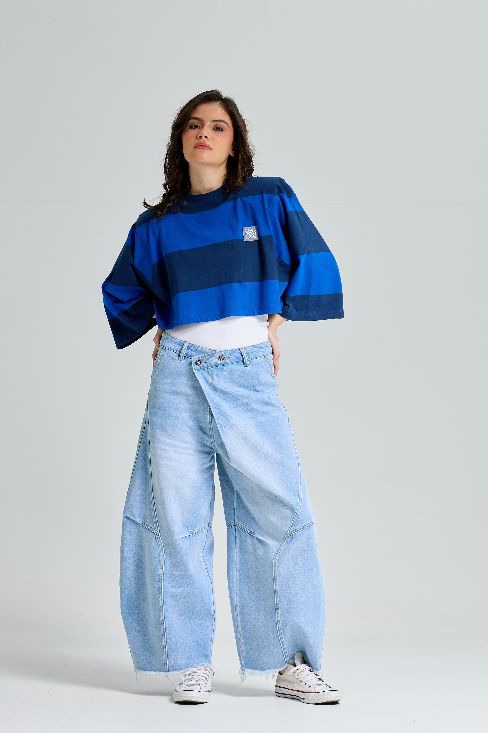 Cropped Bold Shoulders T-Shirt In Stripes