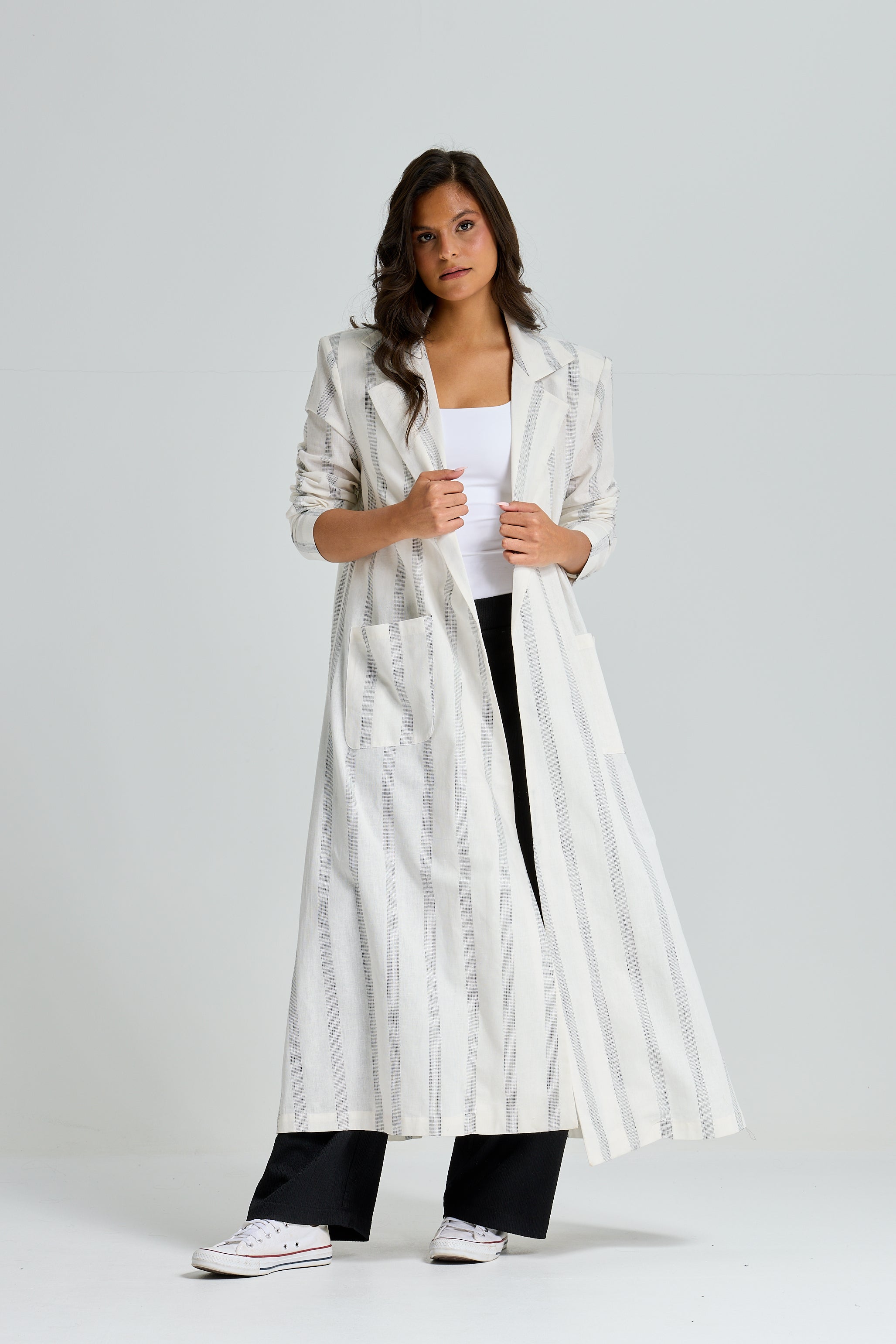 Maxi Linen Strippes Blazer In White