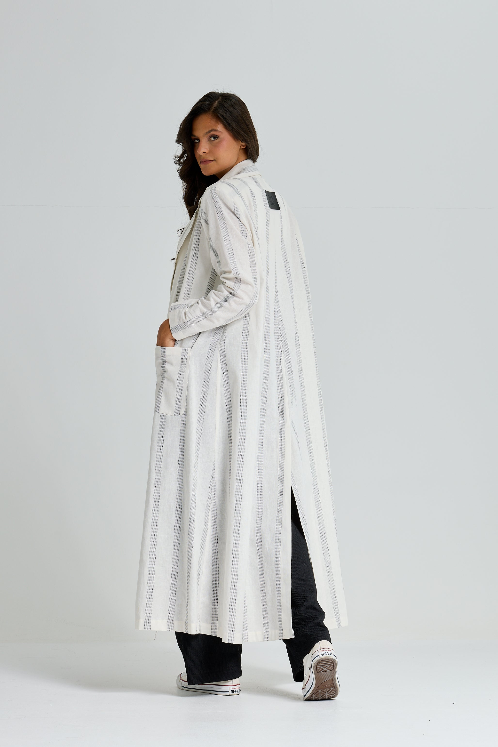 Maxi Linen Strippes Blazer In White
