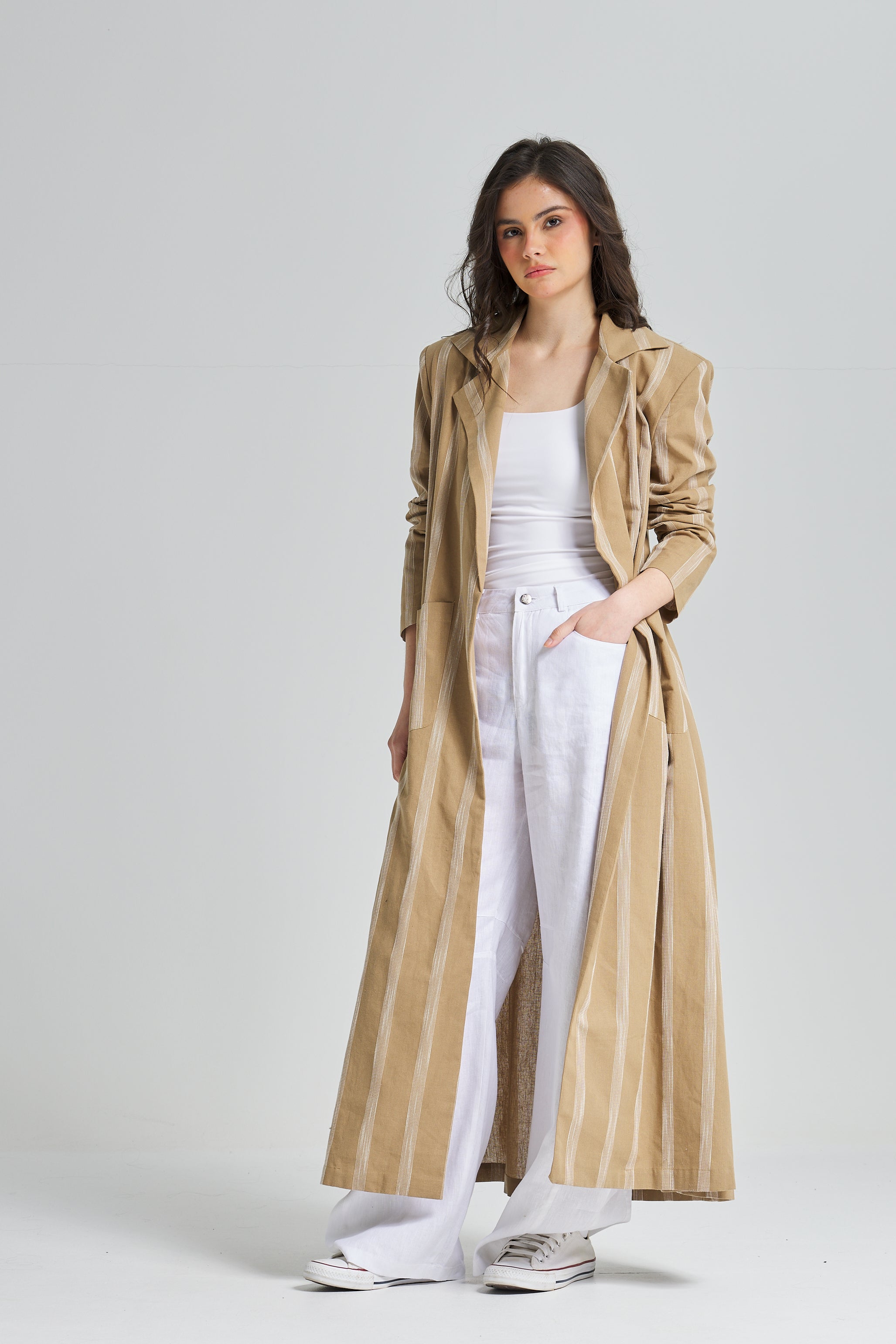 Maxi Linen Stripes Blazer In Camel