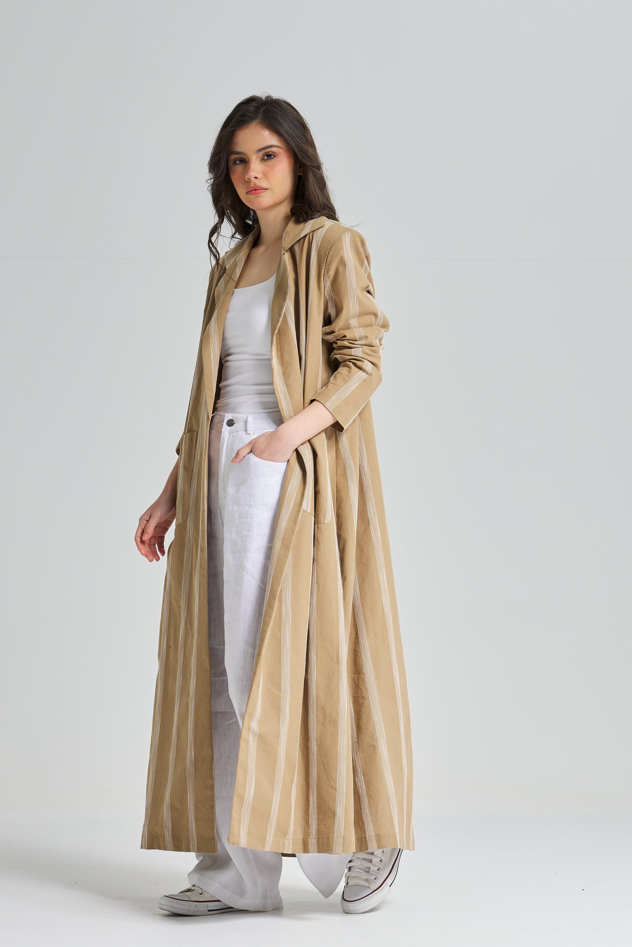 Maxi Linen Stripes Blazer In Camel
