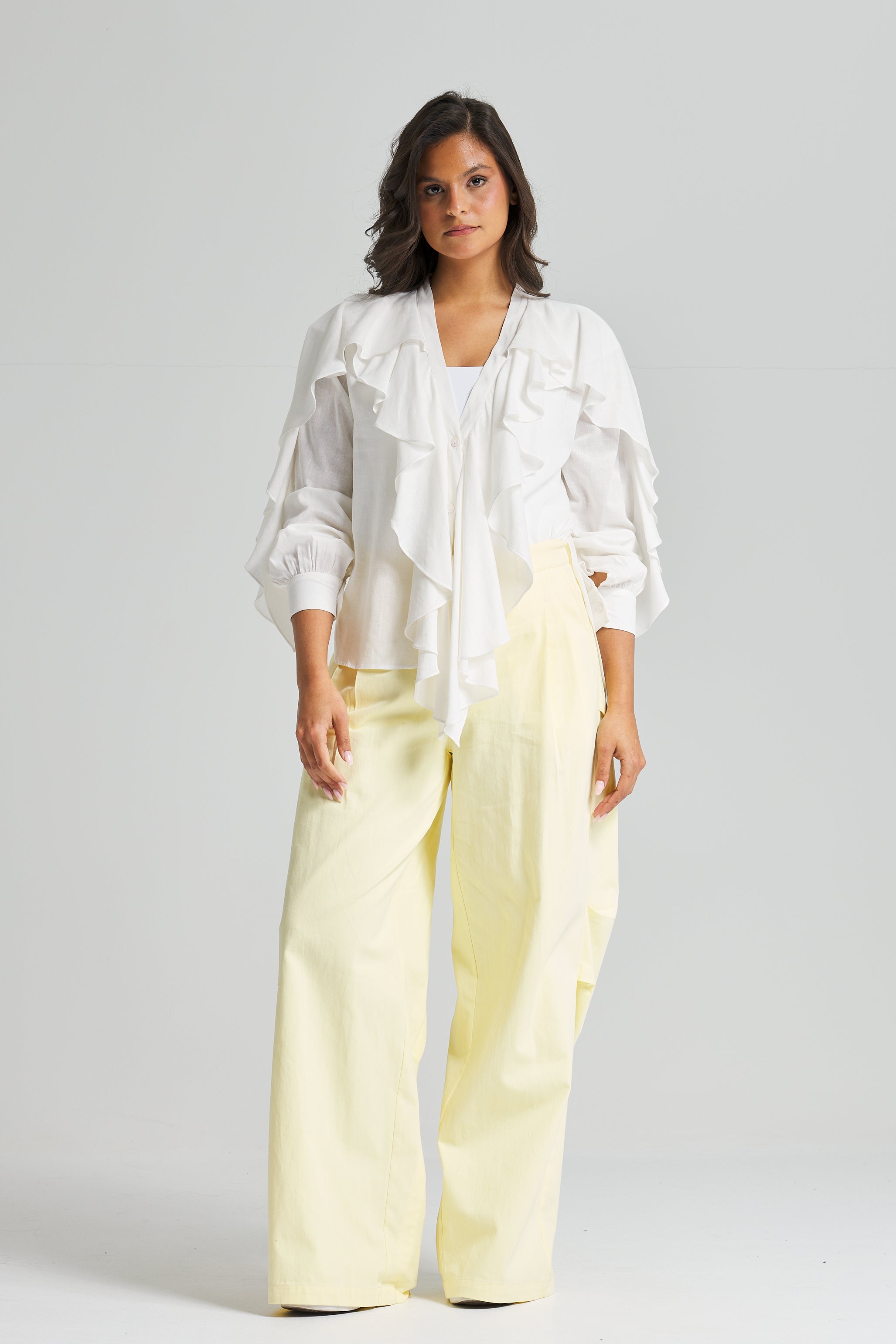 Linen Ruffle Top In Off White