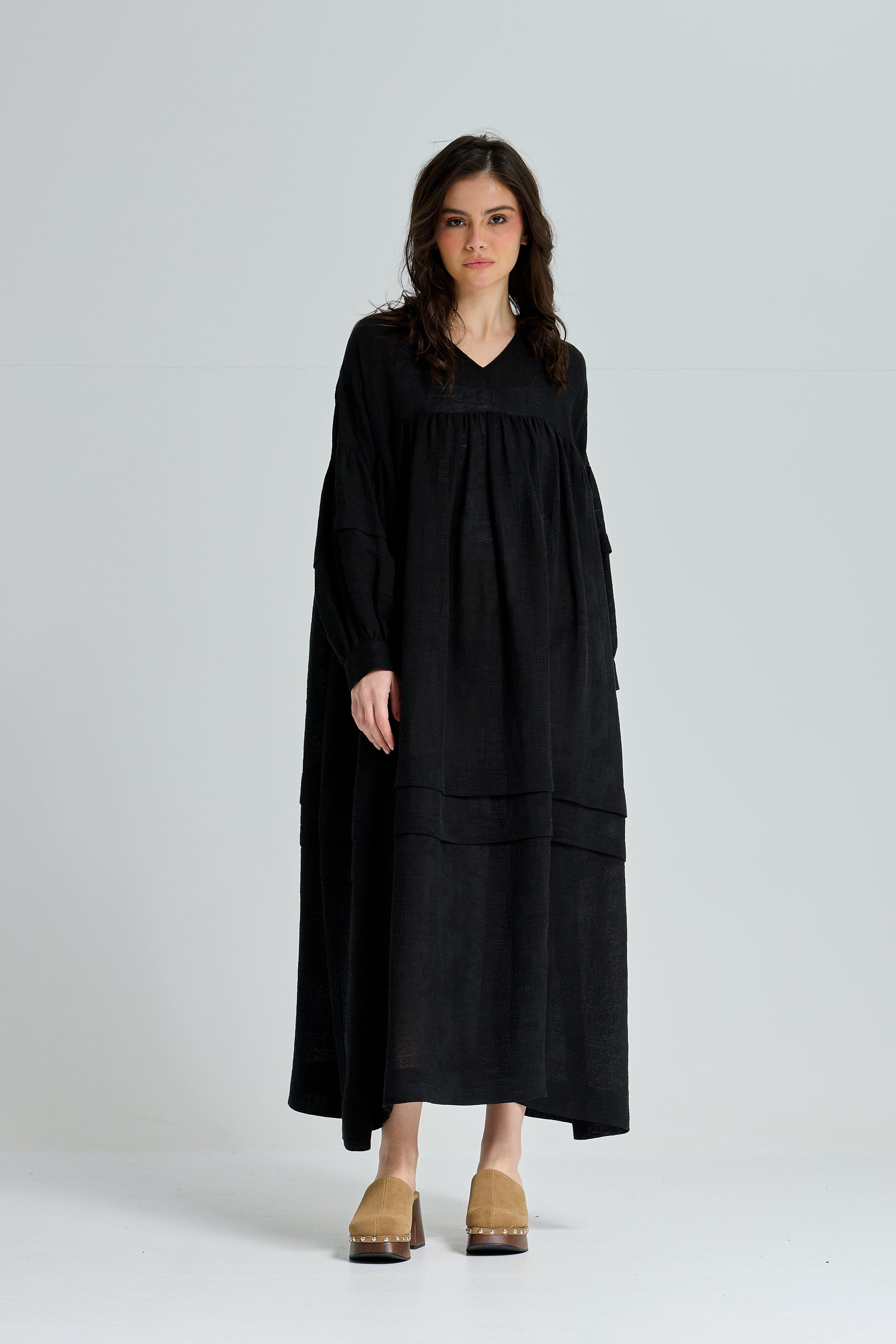 Linen Balloon Sleeves Dress In Black