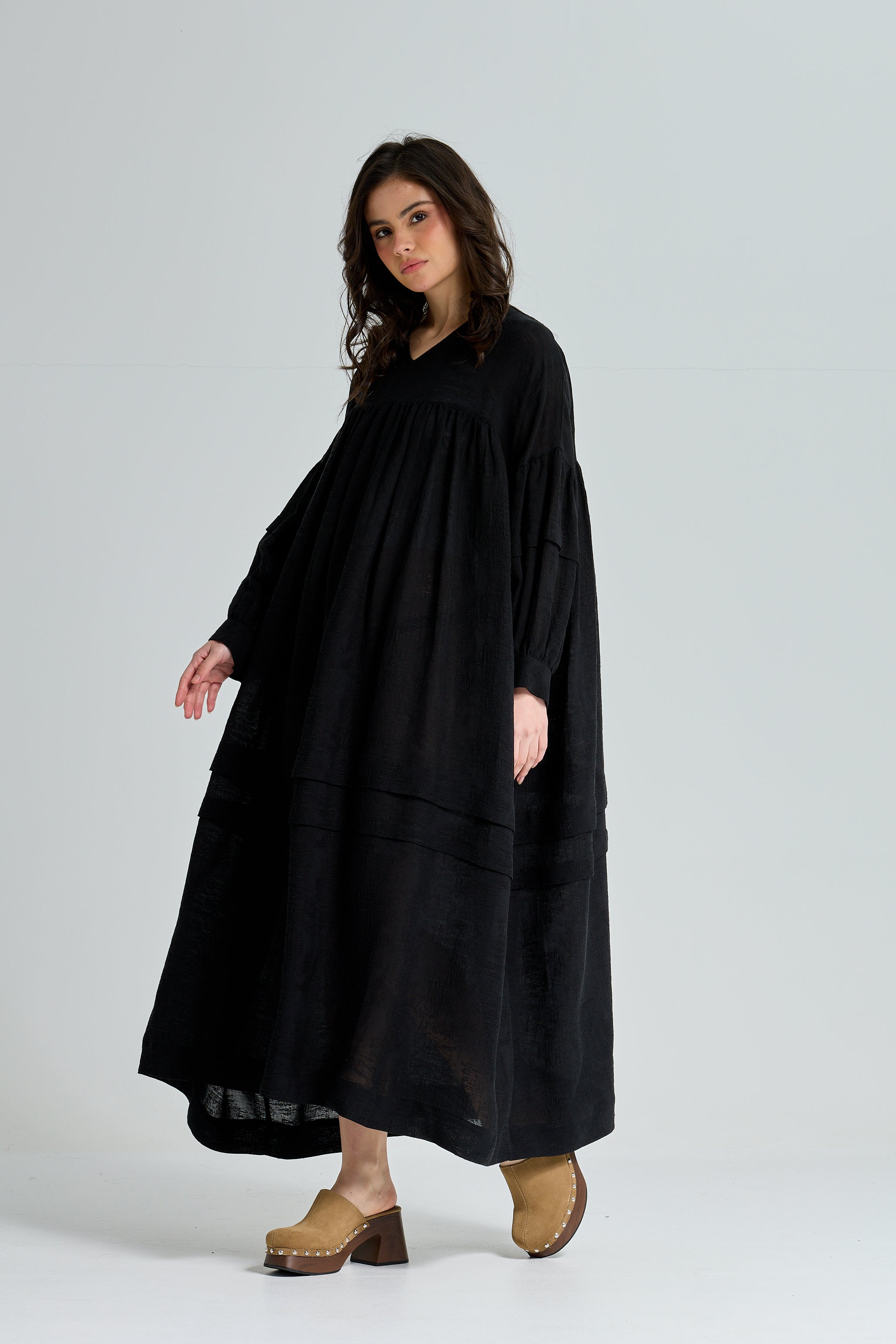 Linen Balloon Sleeves Dress In Black