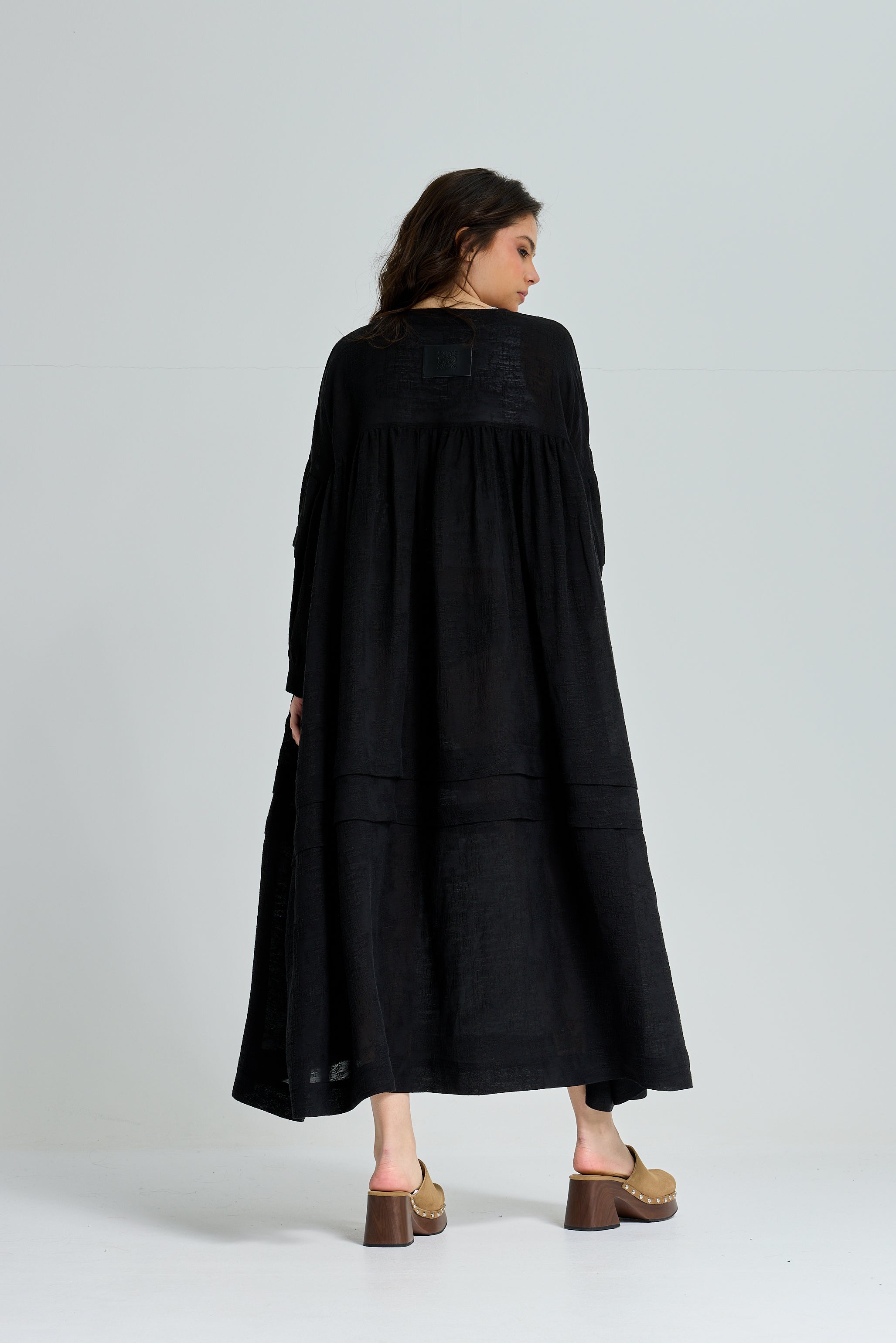 Linen Balloon Sleeves Dress In Black