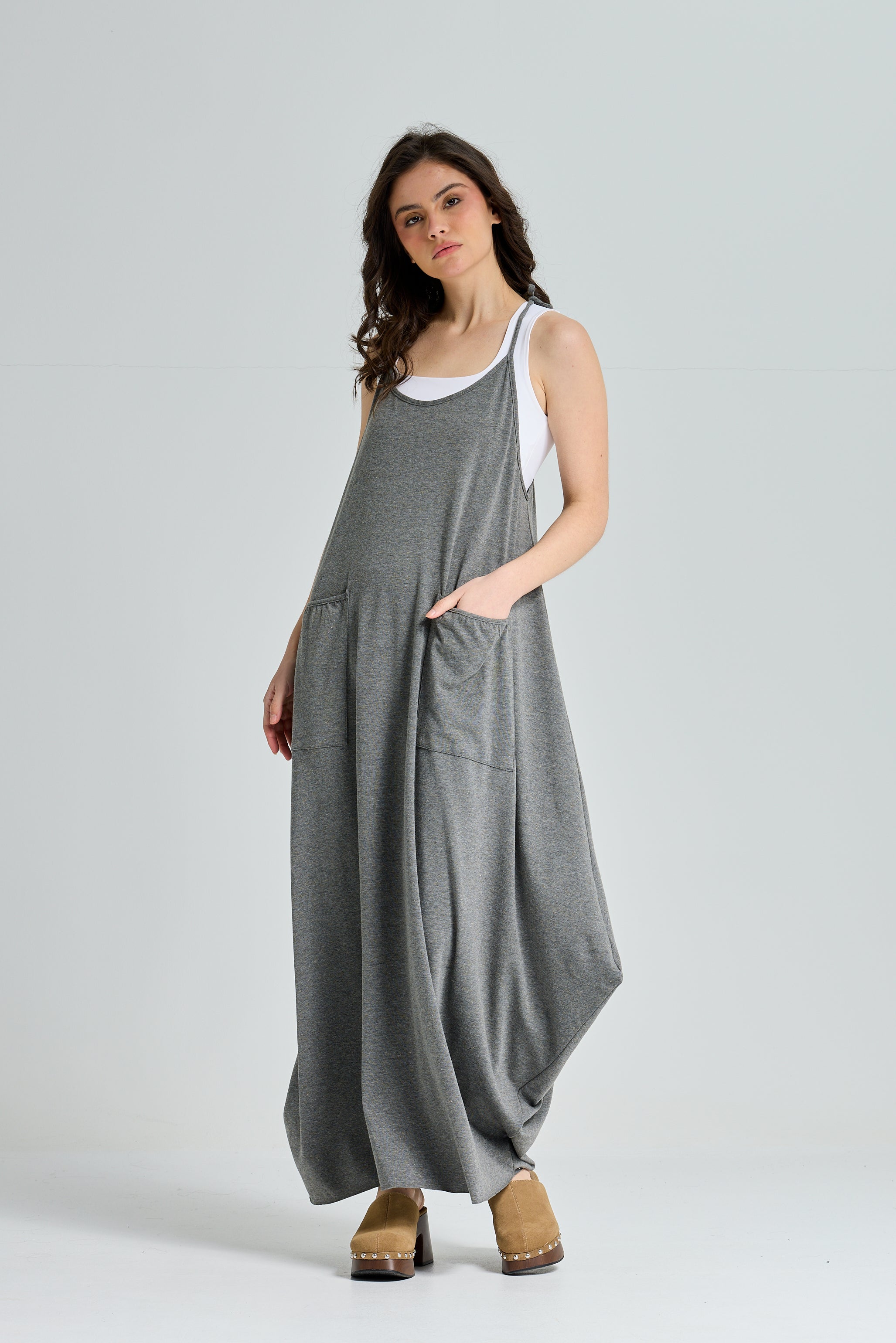 Strap Cotton Dress In Grey