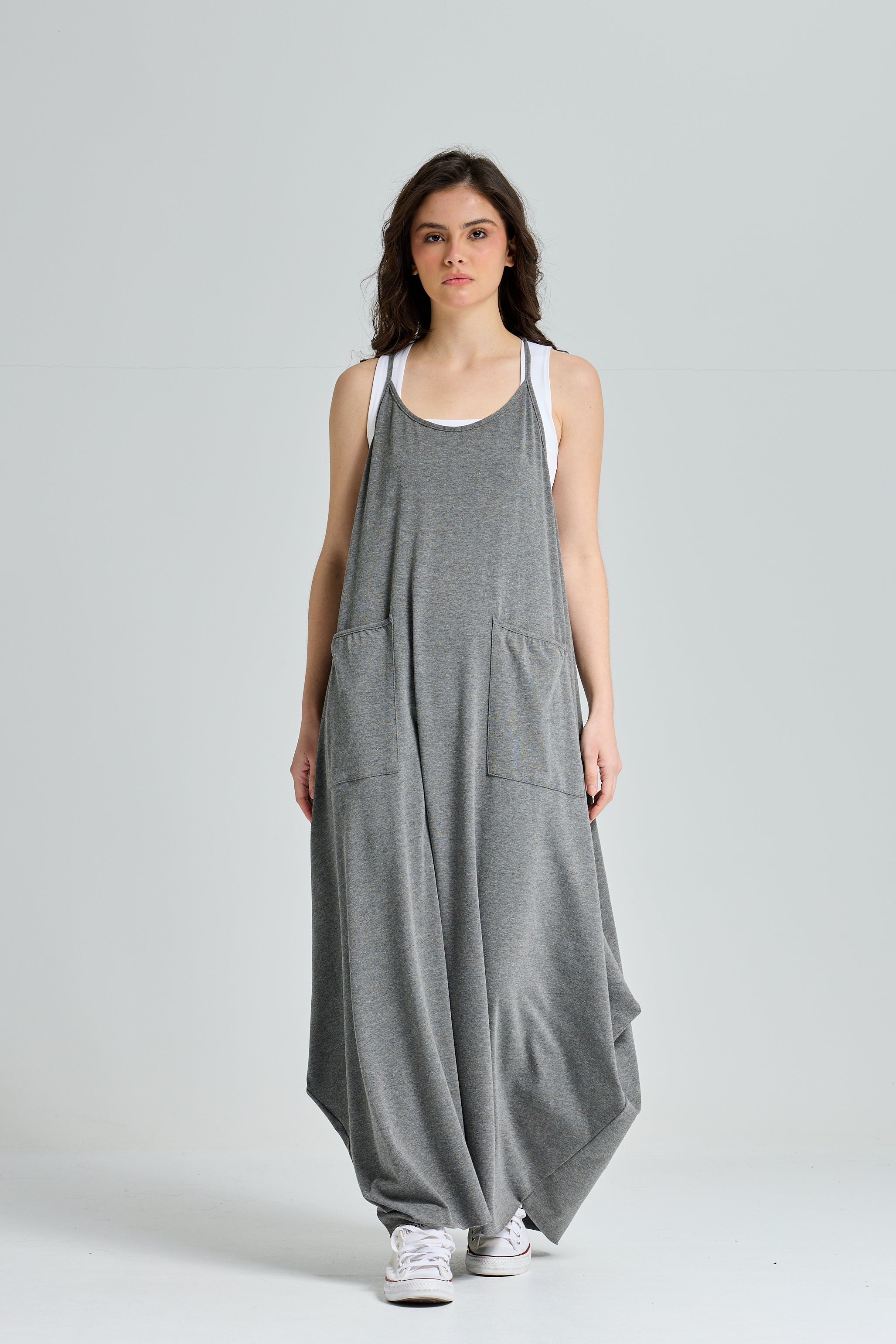 Strap Cotton Dress In Grey