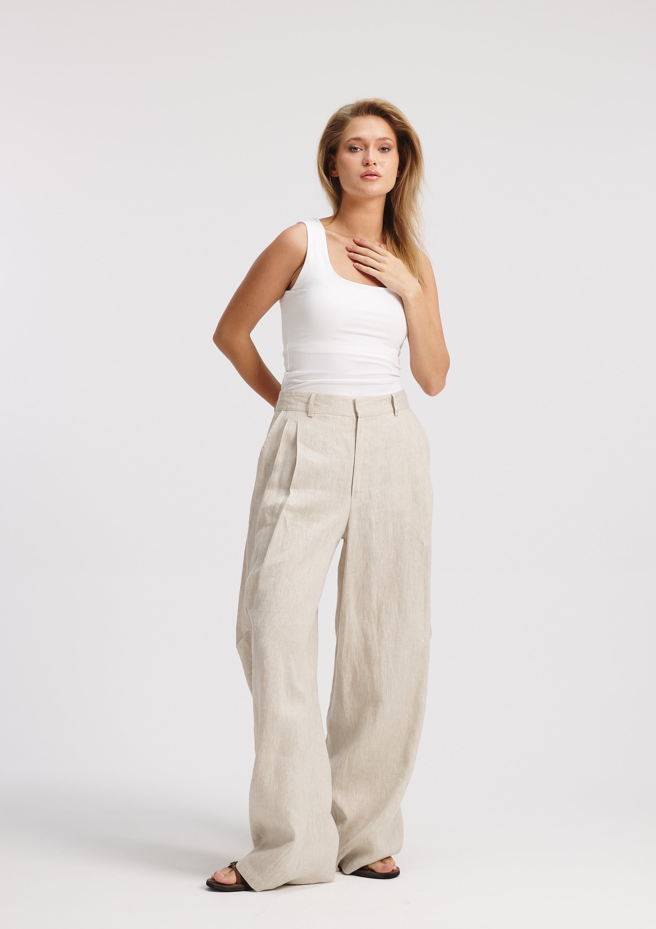 Twisted Back Wide leg Linen Pants in Beige