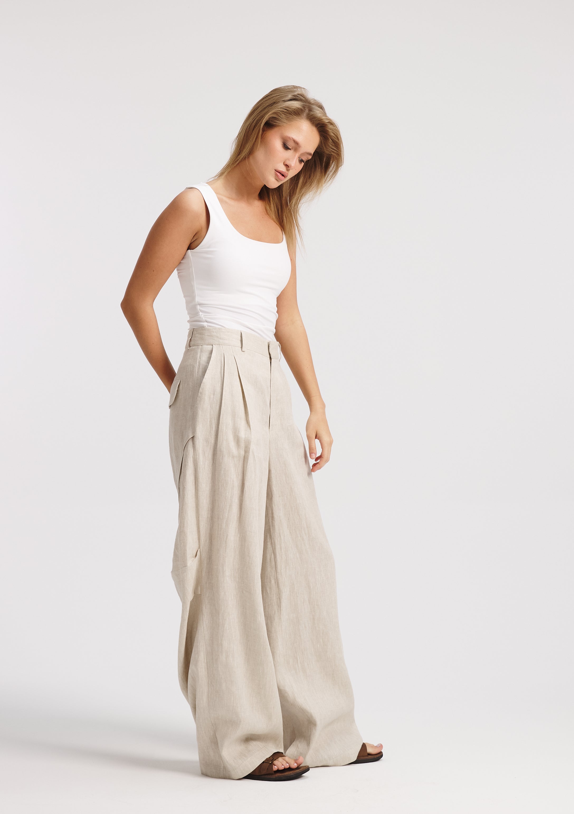 Twisted Back Wide leg Linen Pants in Beige