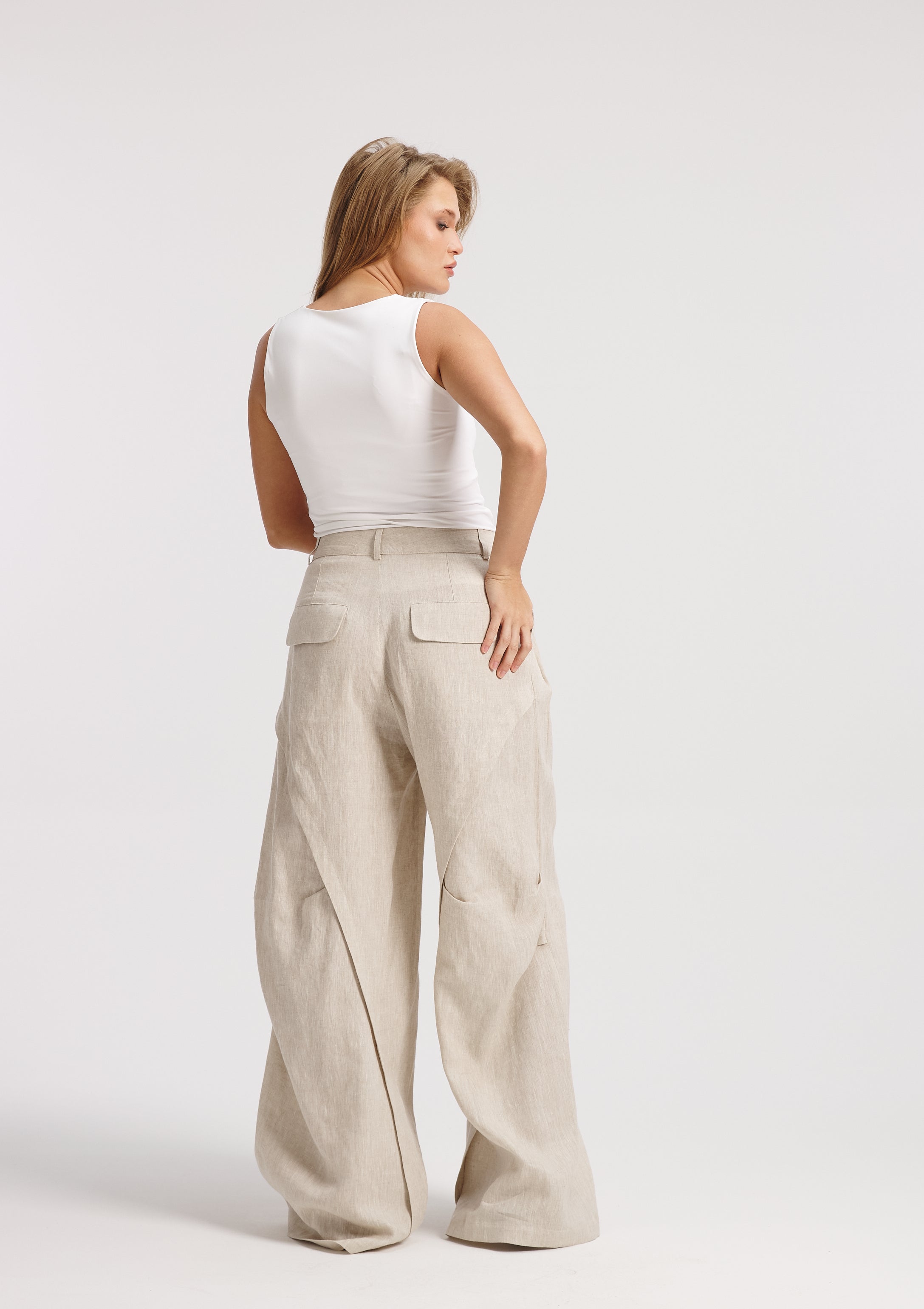 Twisted Back Wide leg Linen Pants in Beige