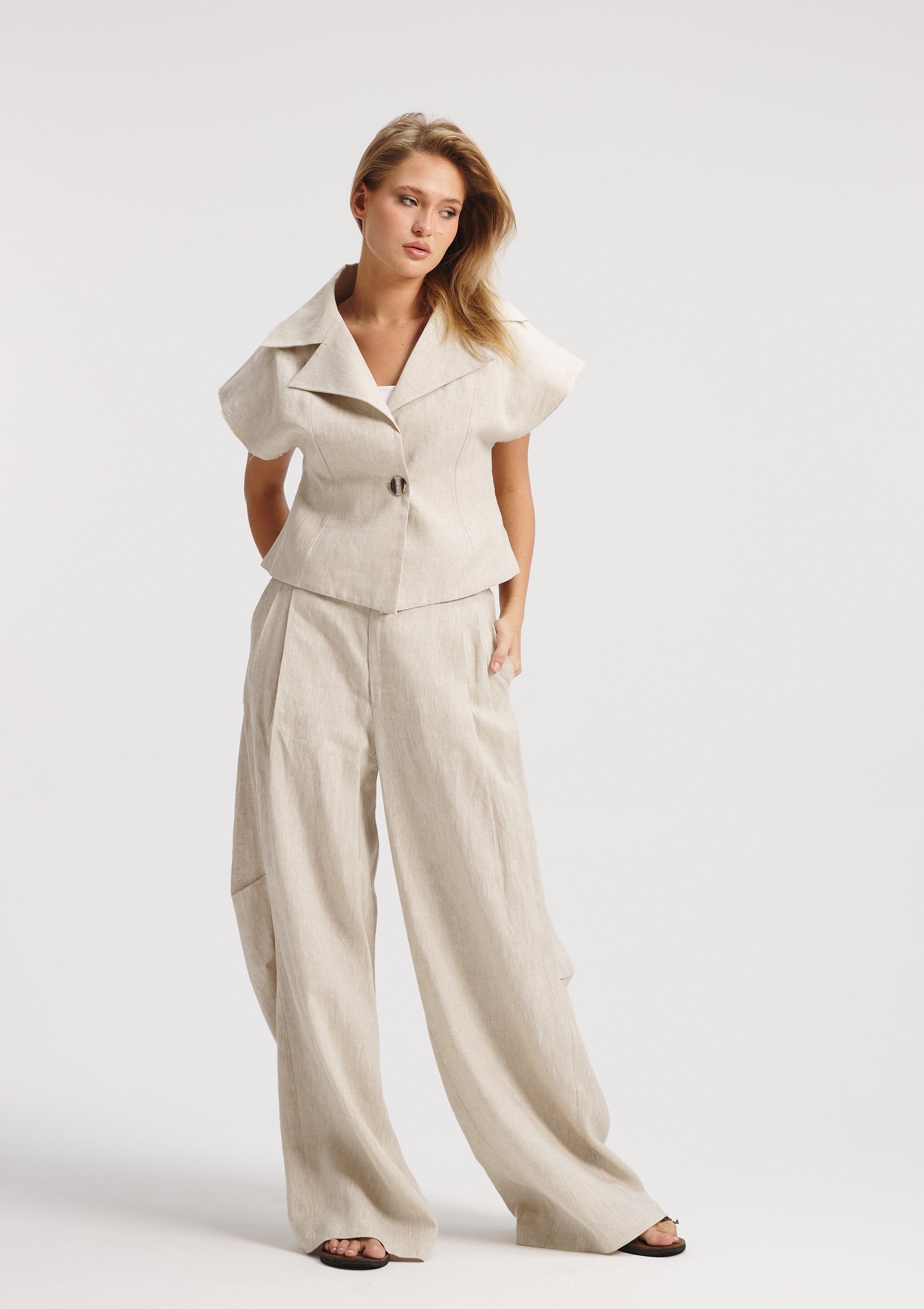 Twisted Back Wide leg Linen Pants in Beige