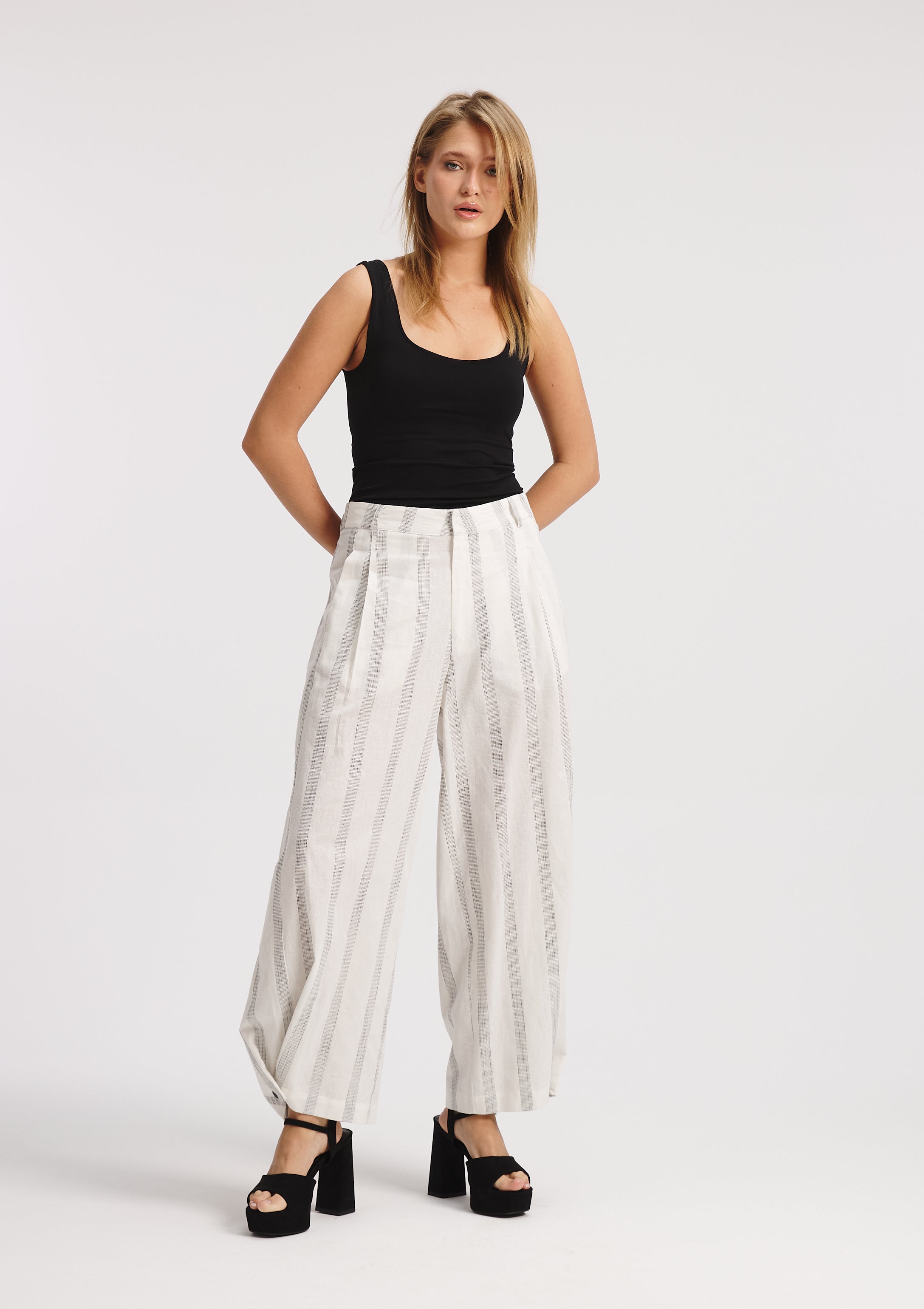 Striped Linen Wide Leg Classic Pants