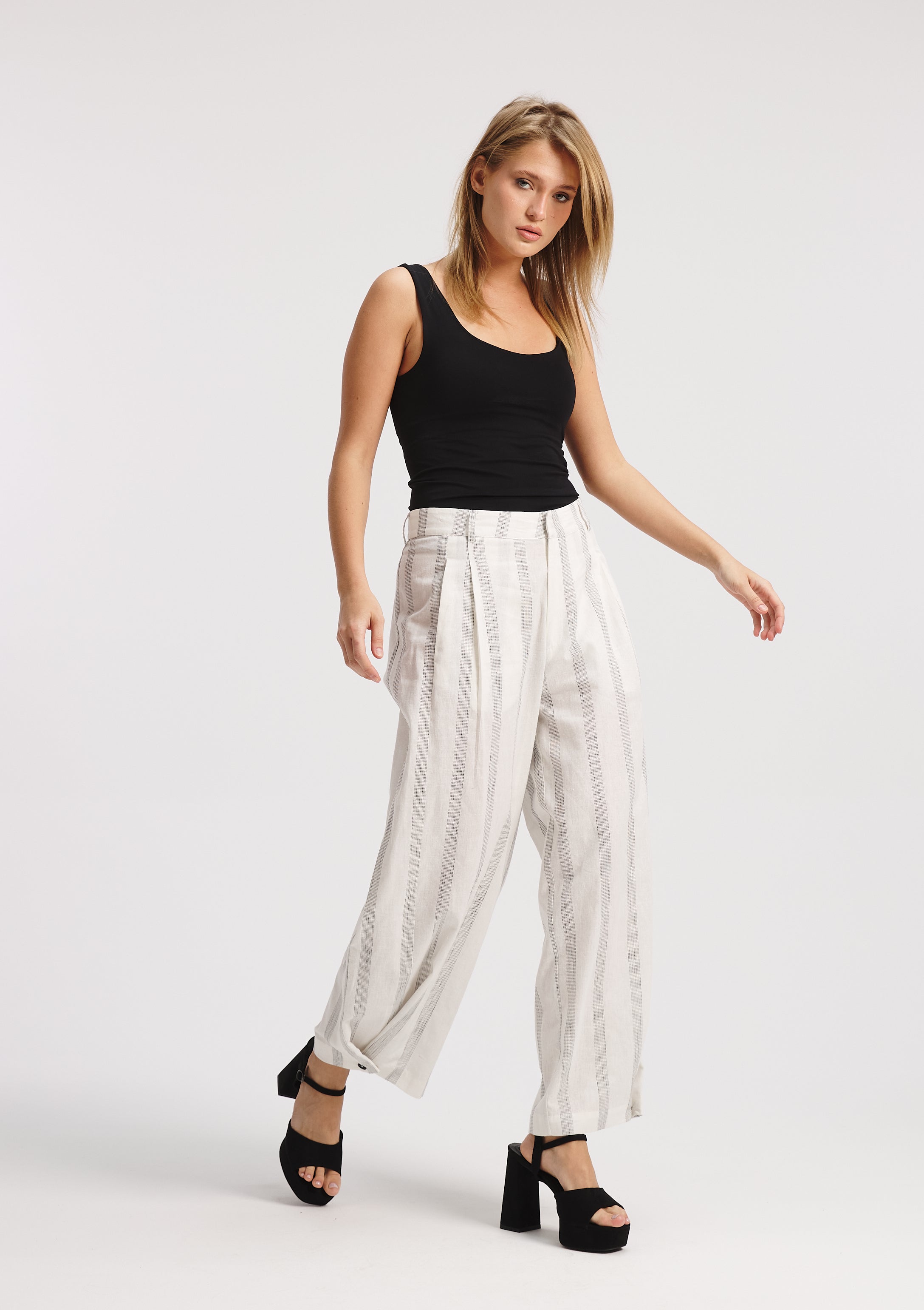 Striped Linen Wide Leg Classic Pants