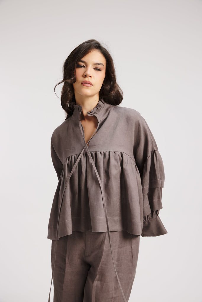 Linen Balloon Sleeves Top In grey – SARA ELEMARY