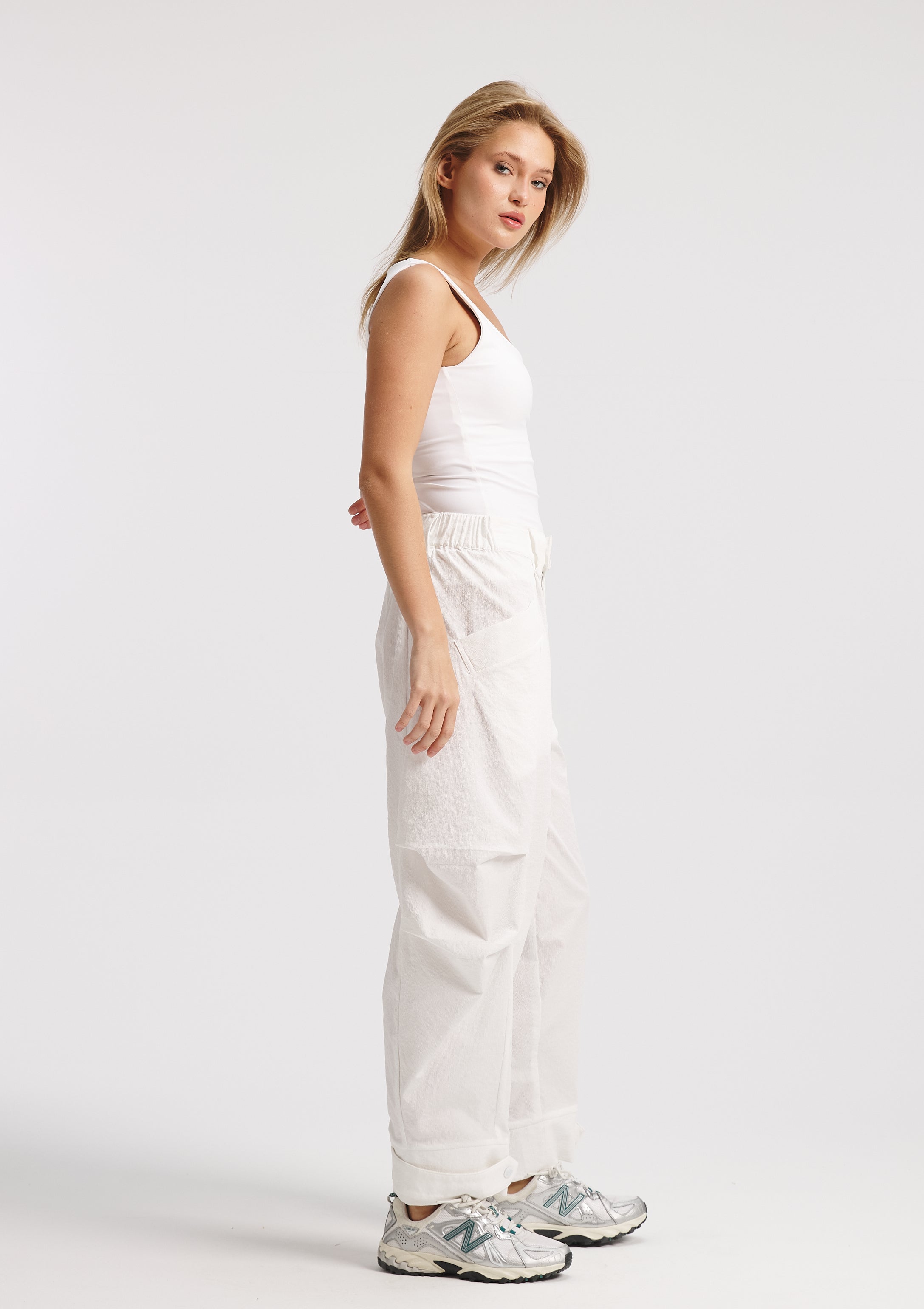 Crushed Side Pleats White Pants