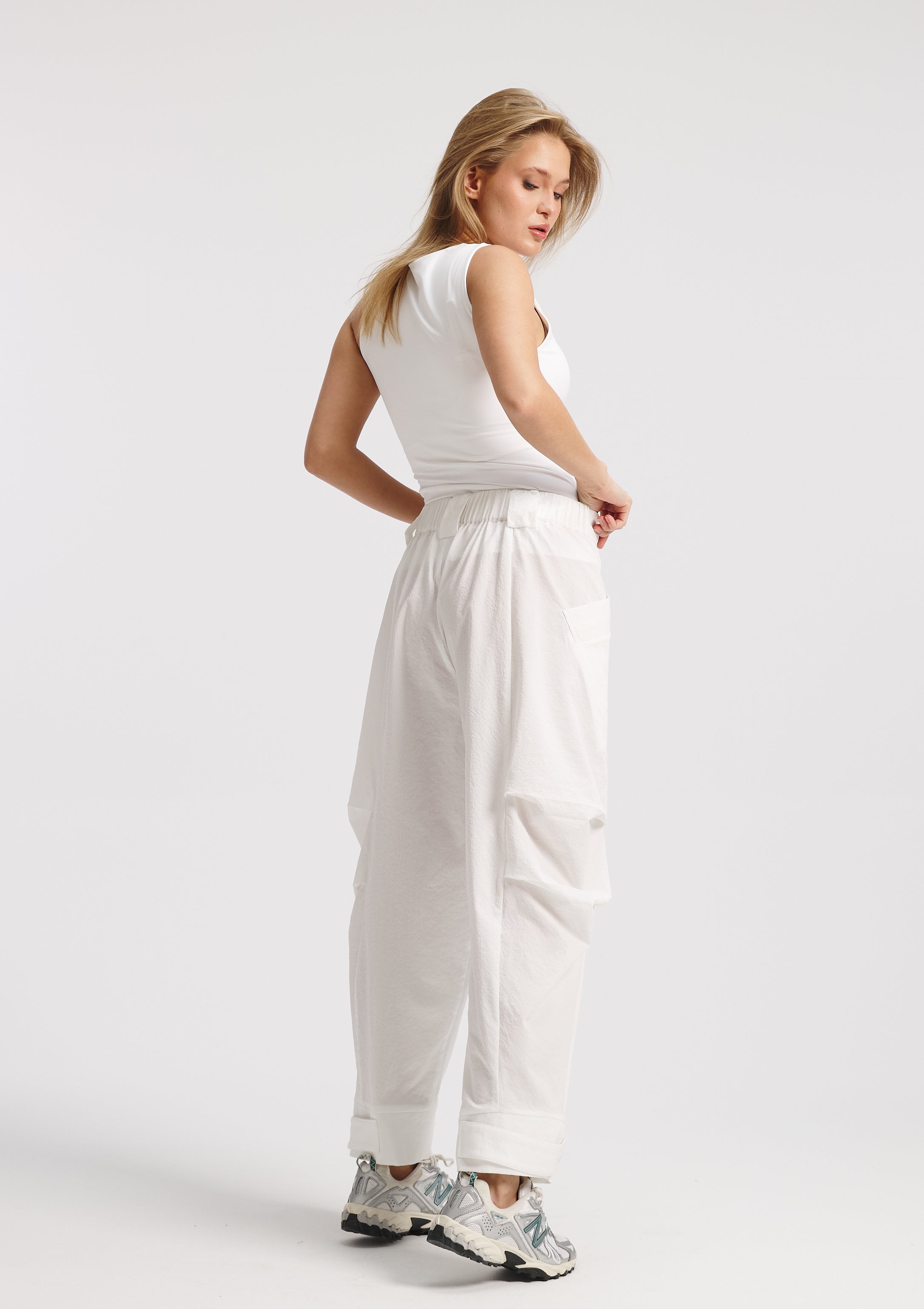 Crushed Side Pleats White Pants