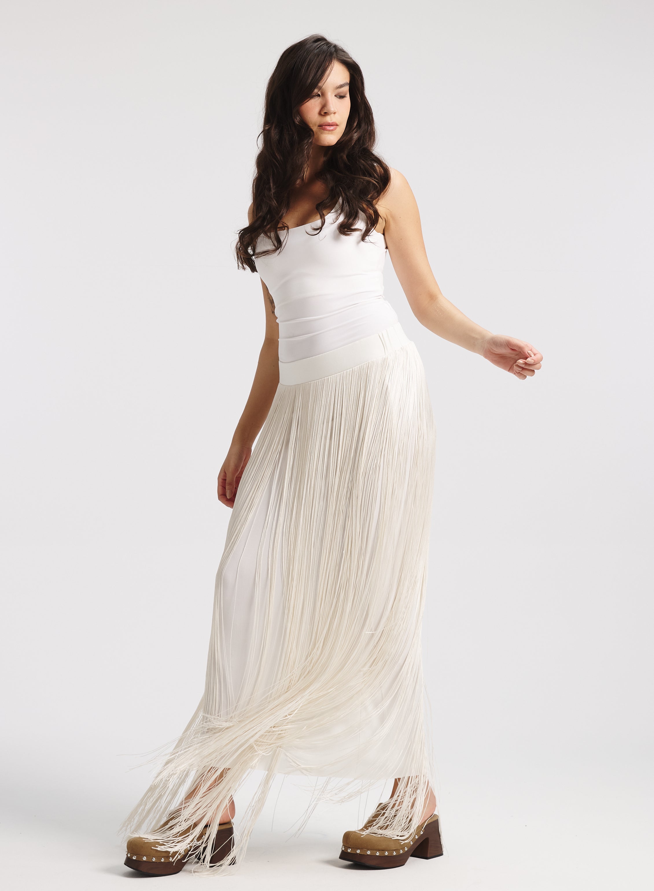 All Around Fringes Skirt In off white