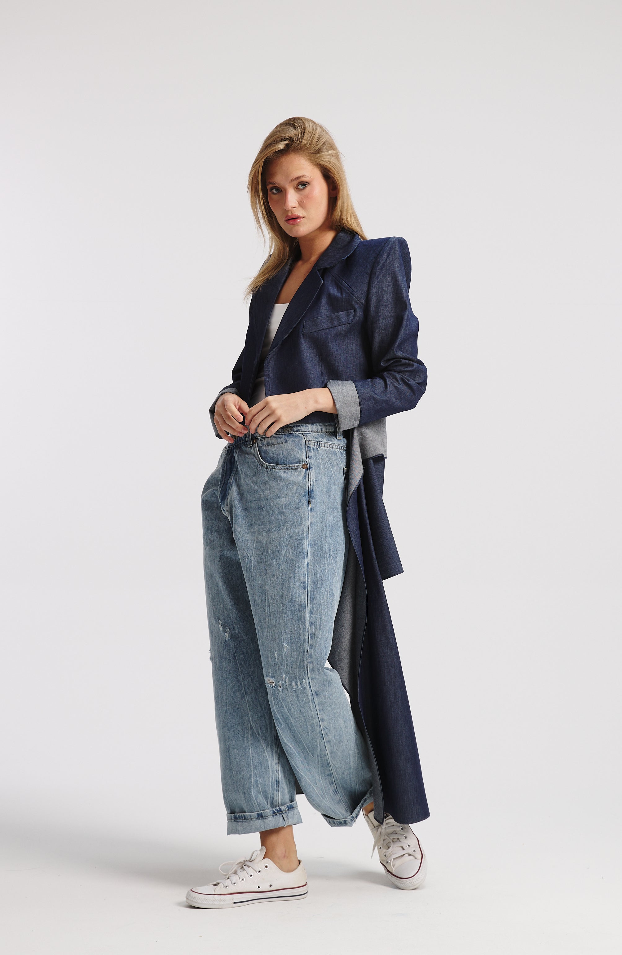 Denim Bold Shoulders Extra Fabric Blazer