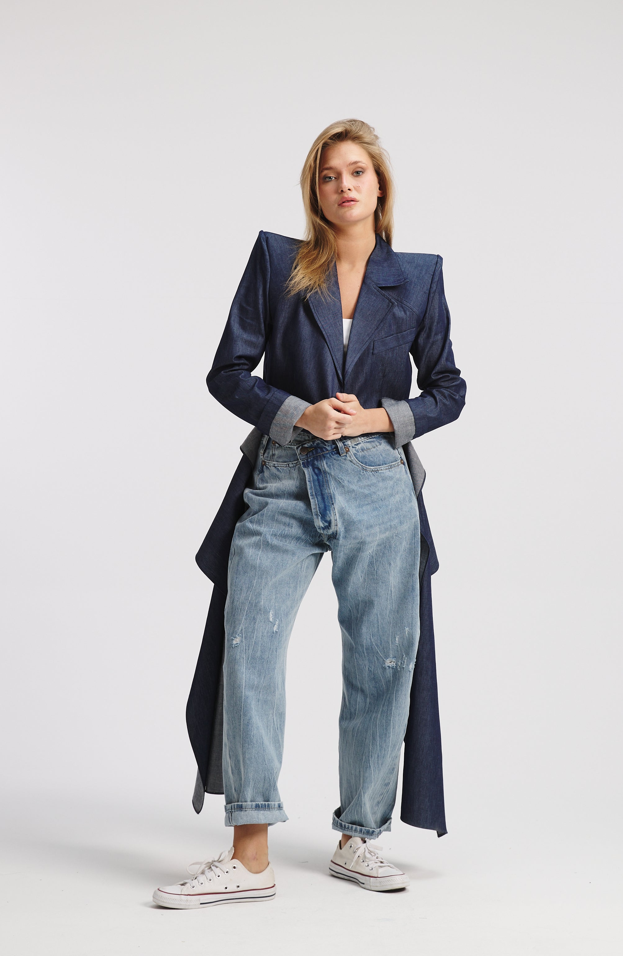 Denim Bold Shoulders Extra Fabric Blazer