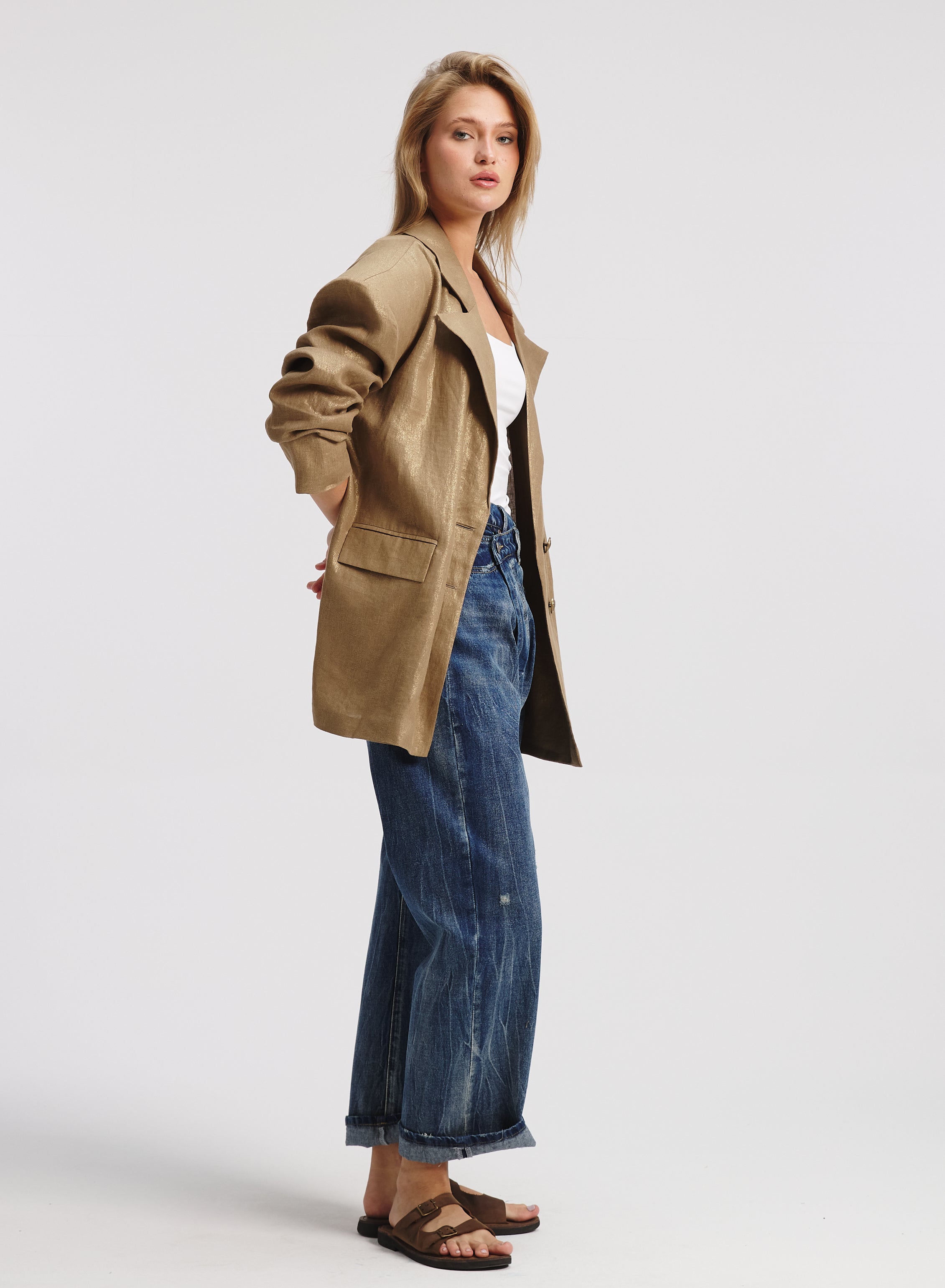 Extra Oversized Bold Shoulders Blazer In Gold
