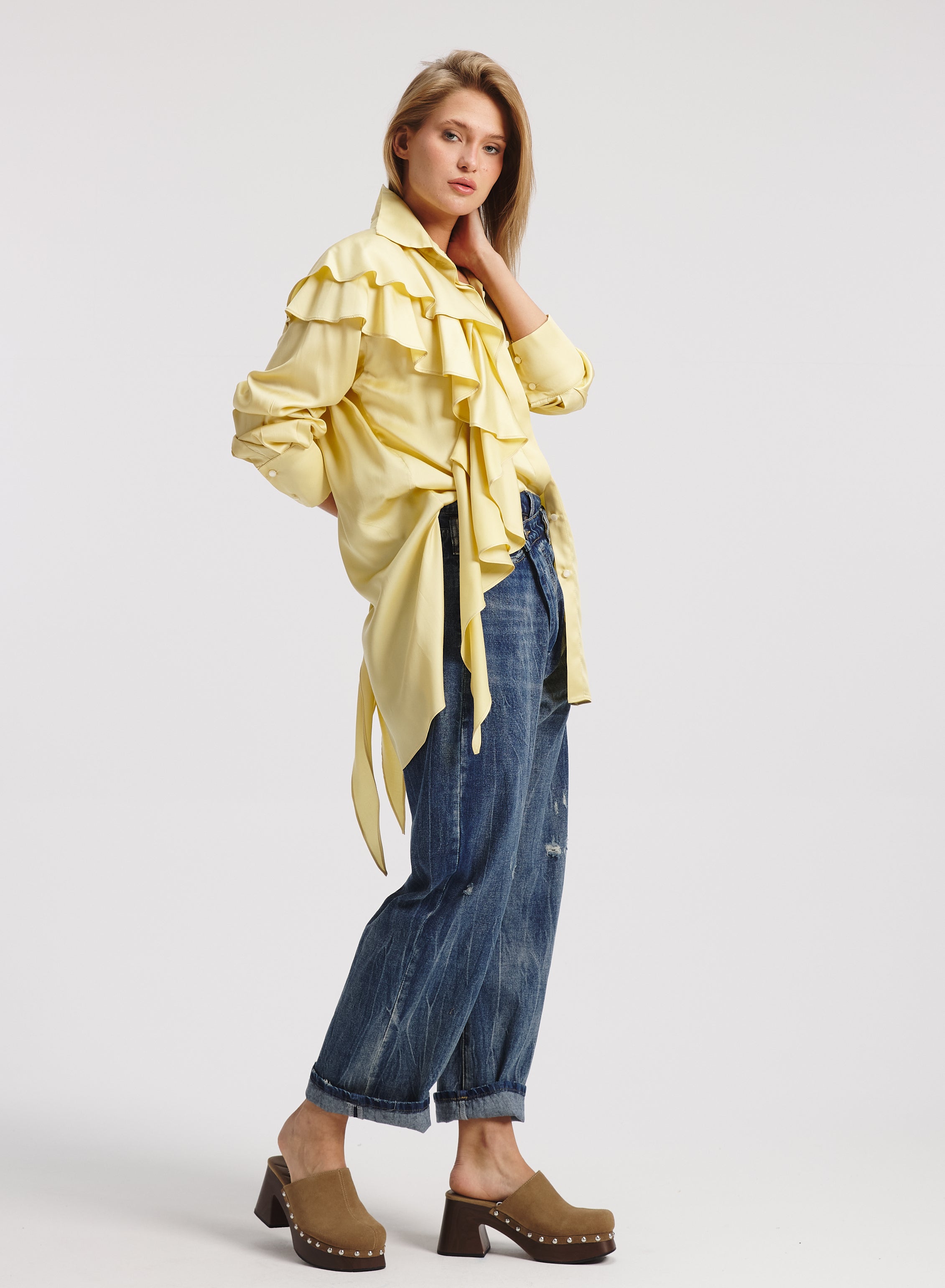 One Side Double Ruffle Shirt In Yellow