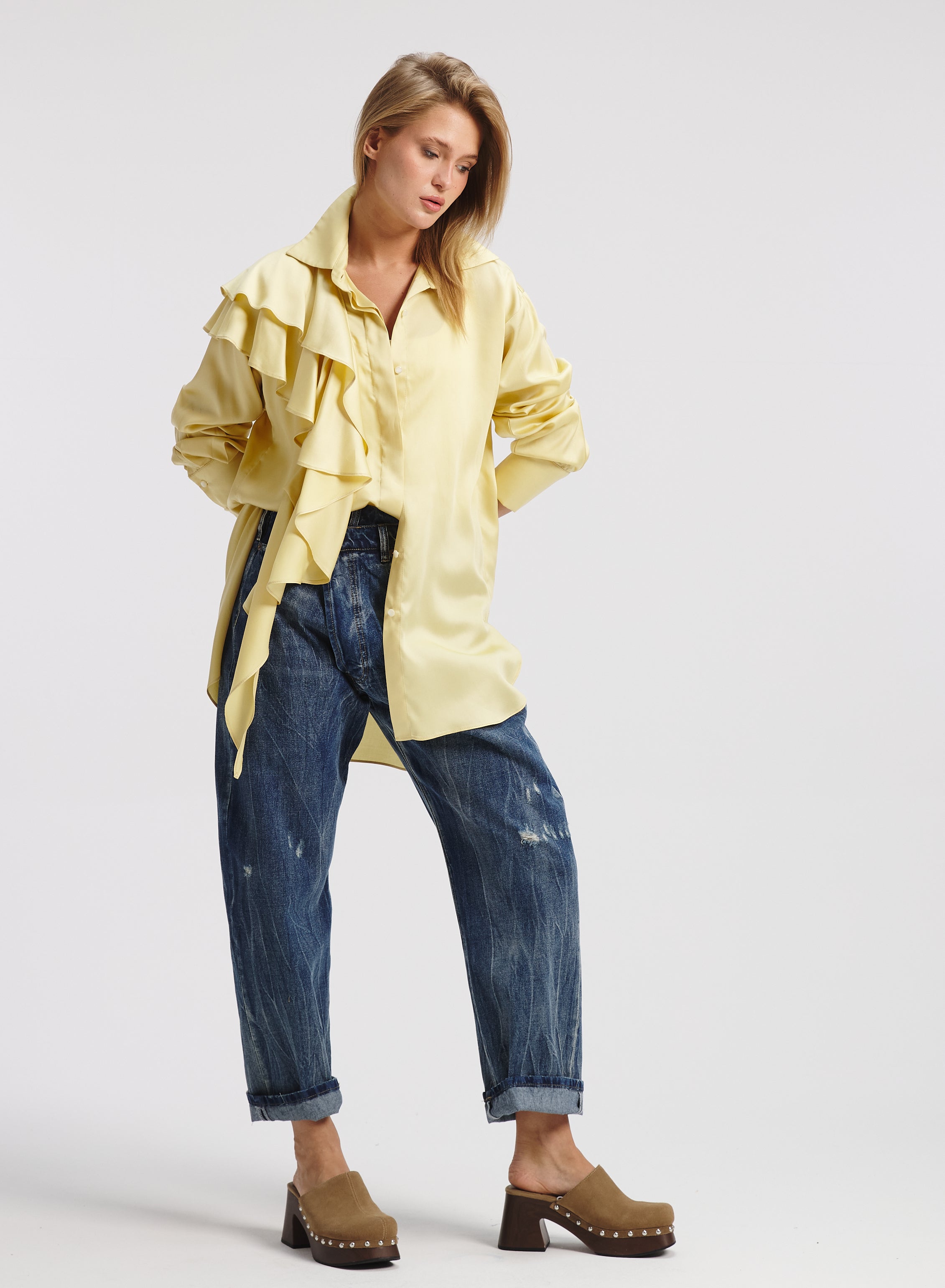 One Side Double Ruffle Shirt In Yellow