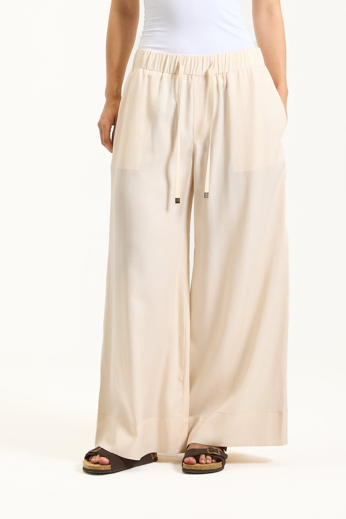 Elastic Waist Cropped Wide Leg Off White